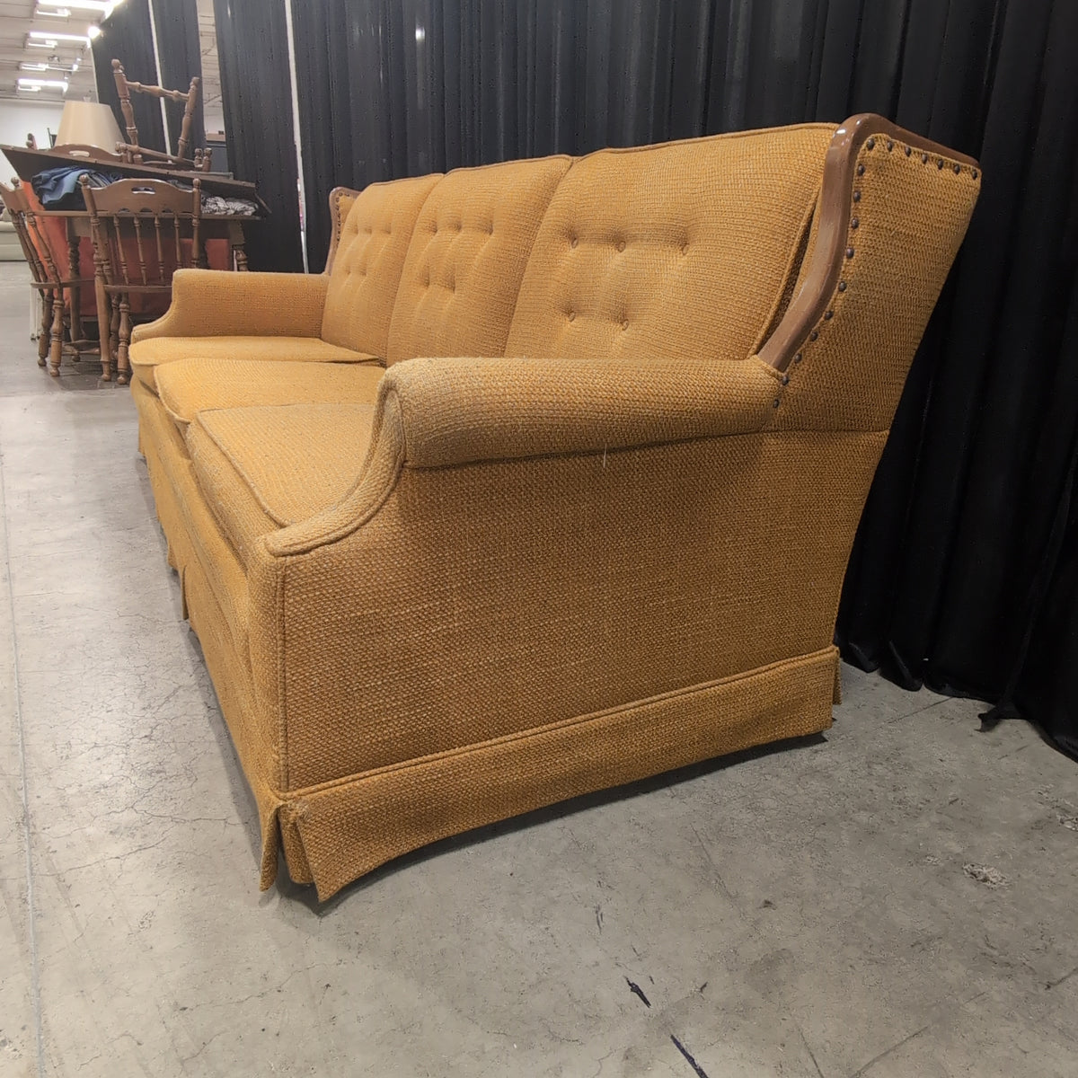 Vintage Mustard Yellow Tufted Couch with Wood Trim