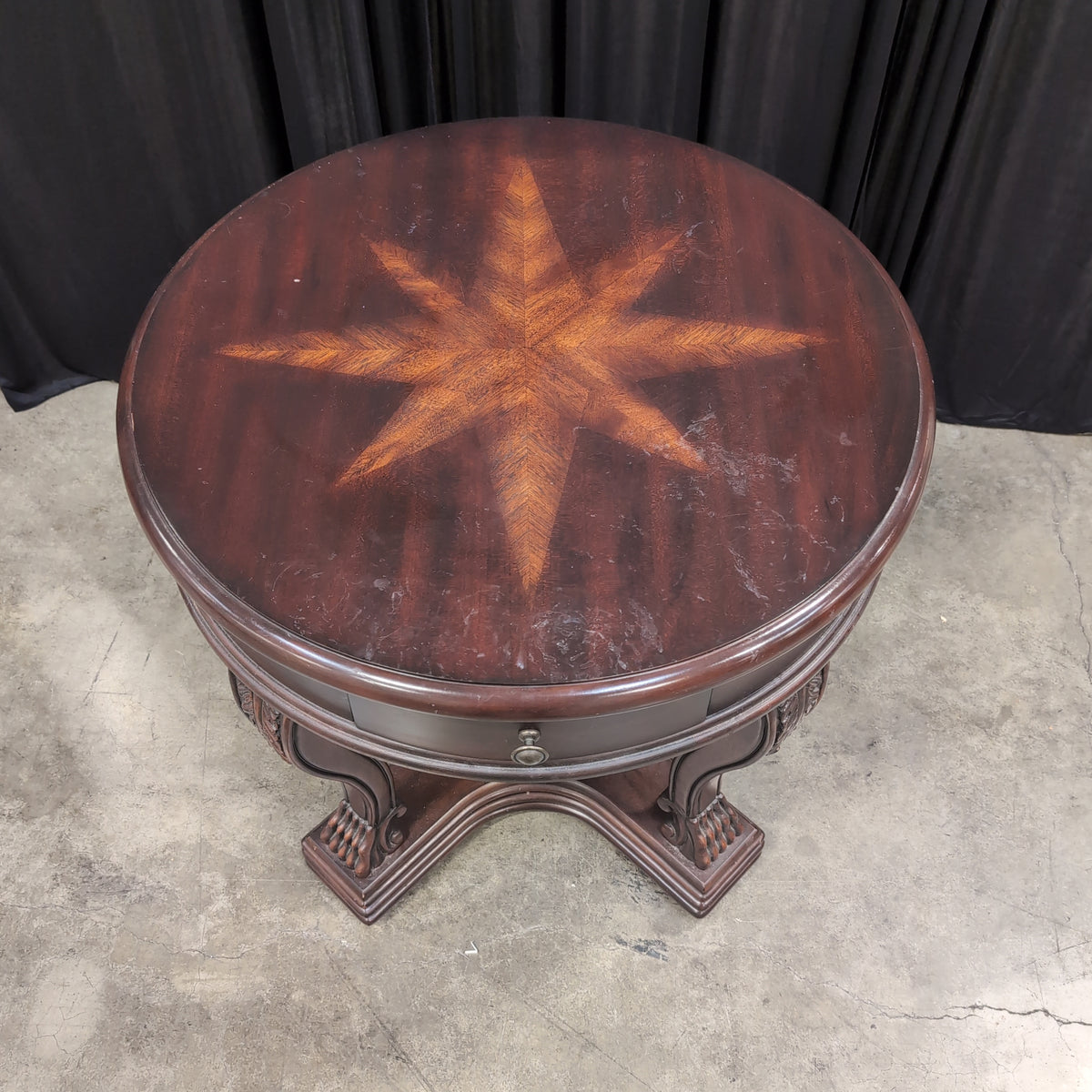 Dark Wood Round End Table with Starburst Inlay