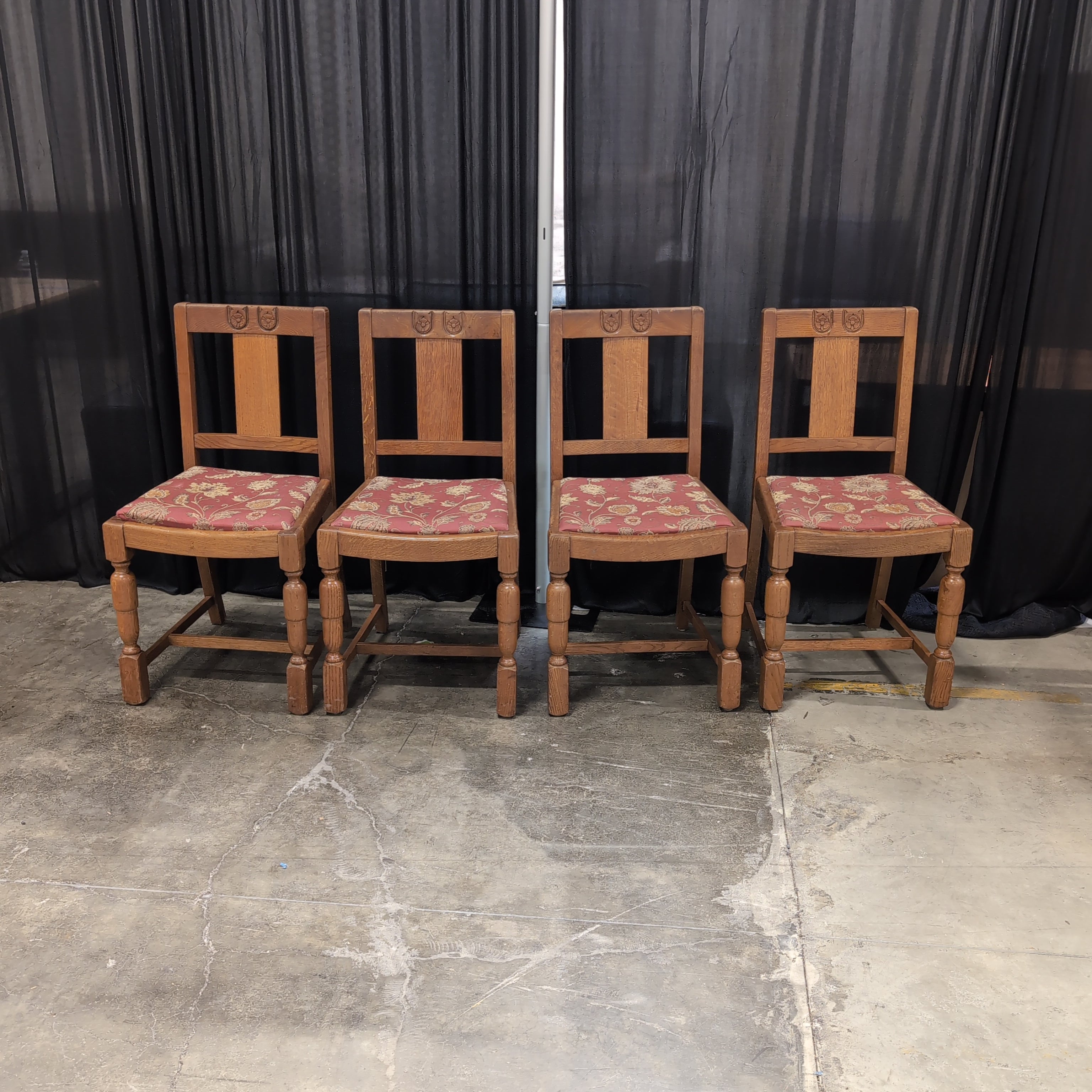 Set of Four Carved Wood Dining Chairs with Floral Upholstery