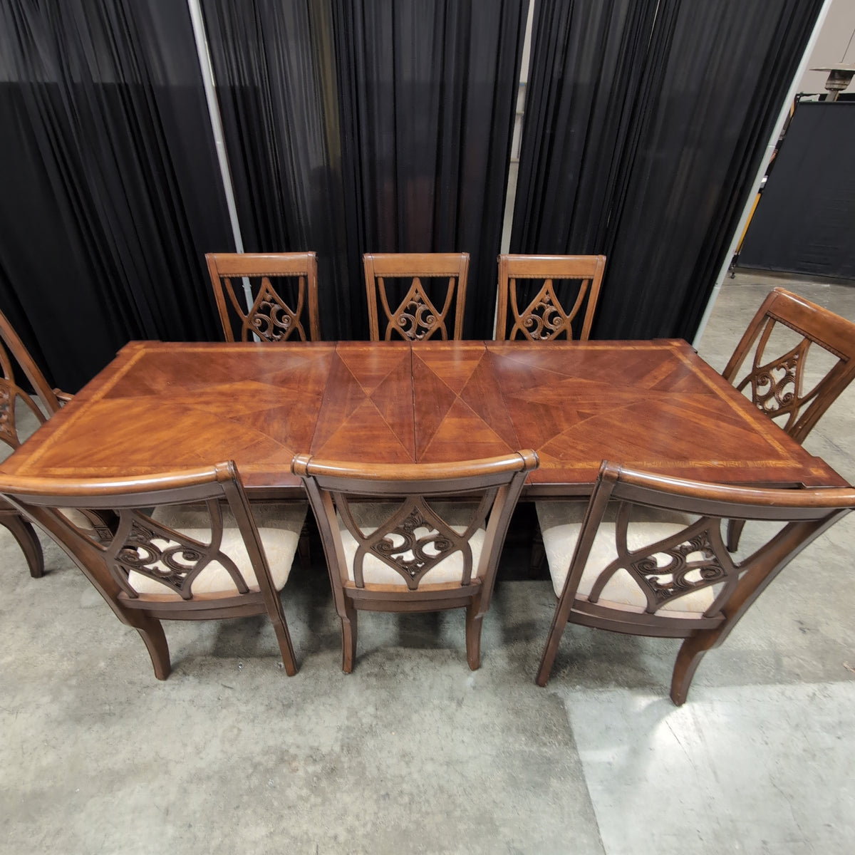 Ornate Carved Back Dining Table Set with Six Chairs
