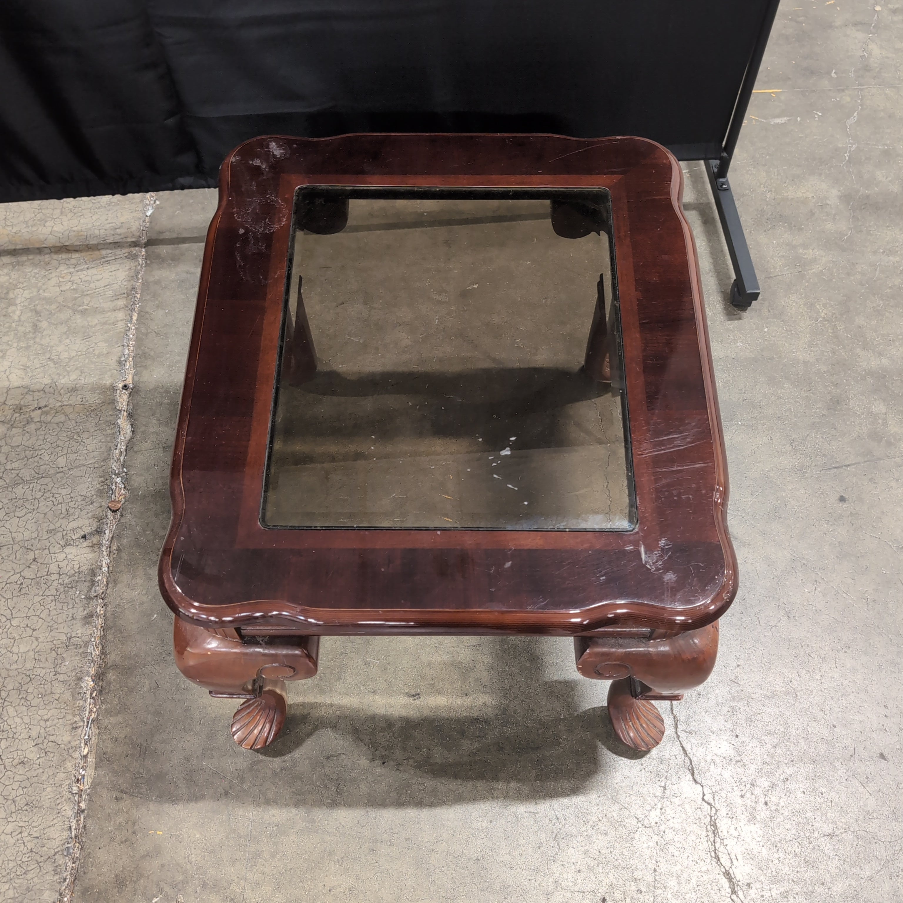 Dark Wood Traditional Square End Table with Glass Top