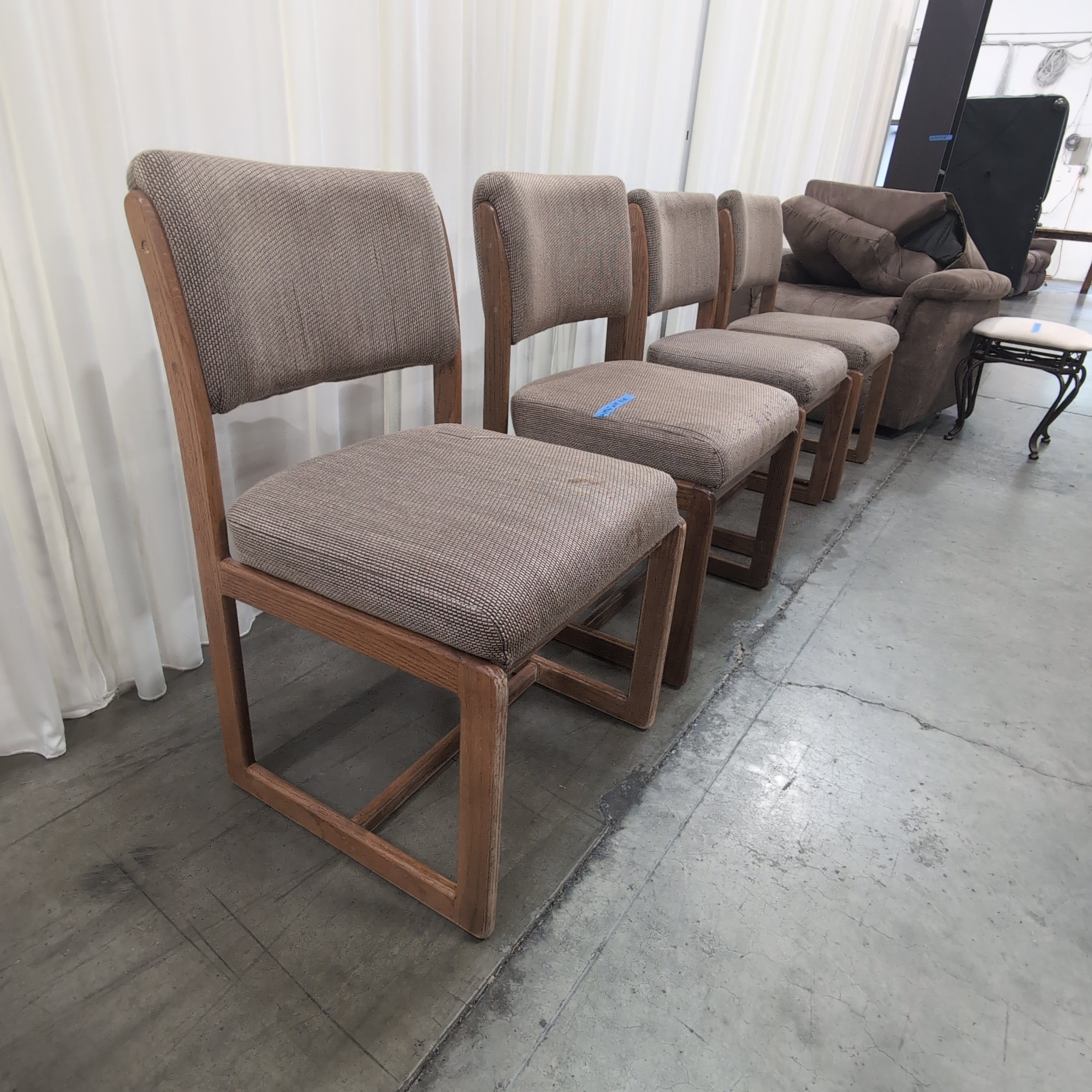Set of Four Brown Upholstered Wood Frame Dining Chairs