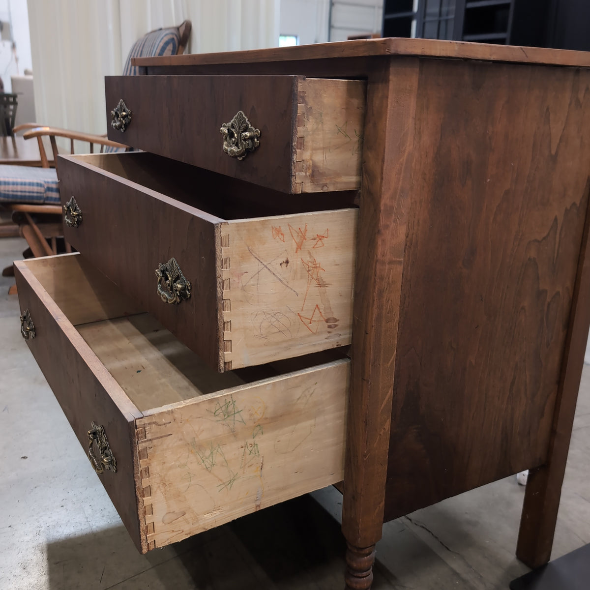Antique Brown Wood Three-Drawer Dresser with Ornate Hardware