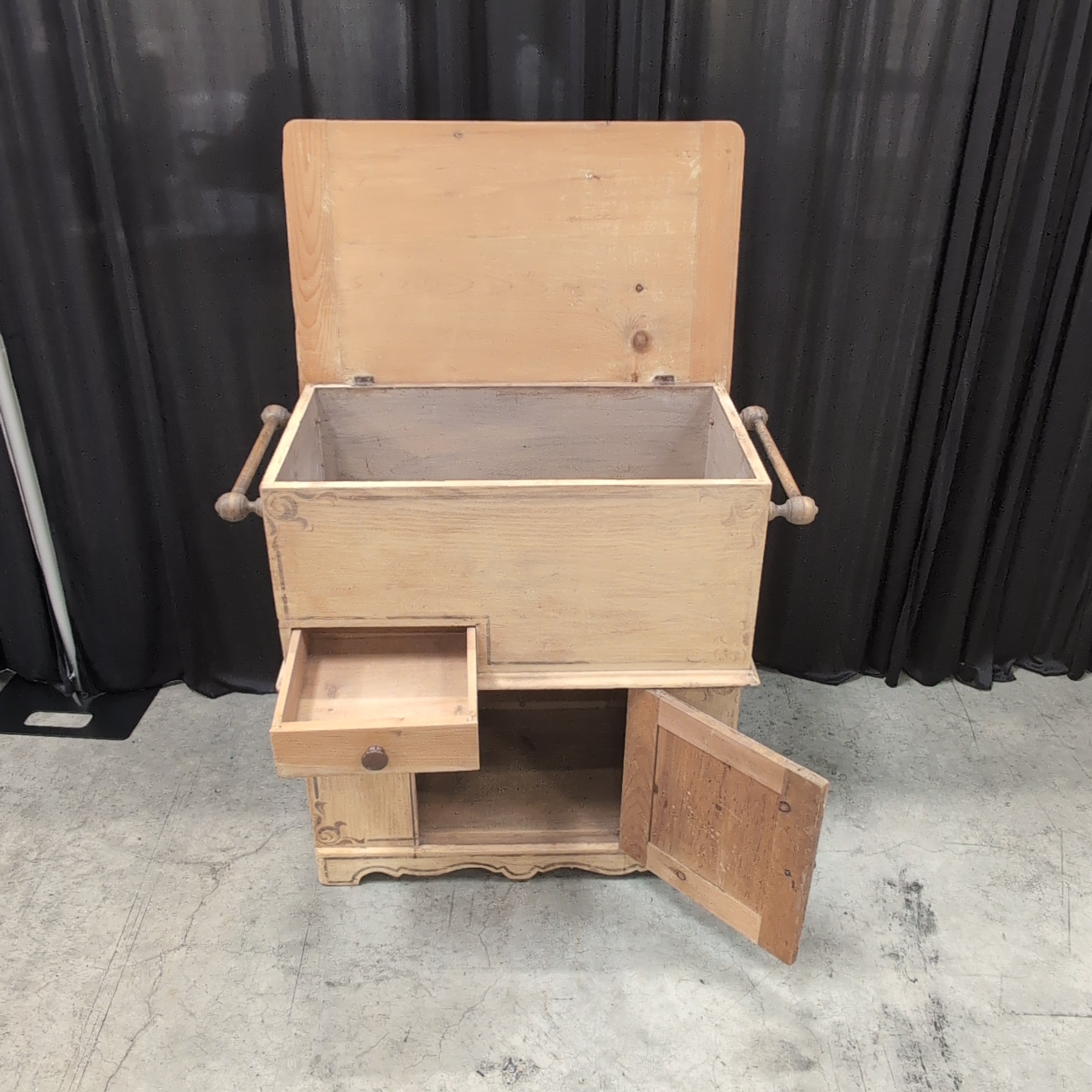 Pine lift-top washstand and dry sink cabinet