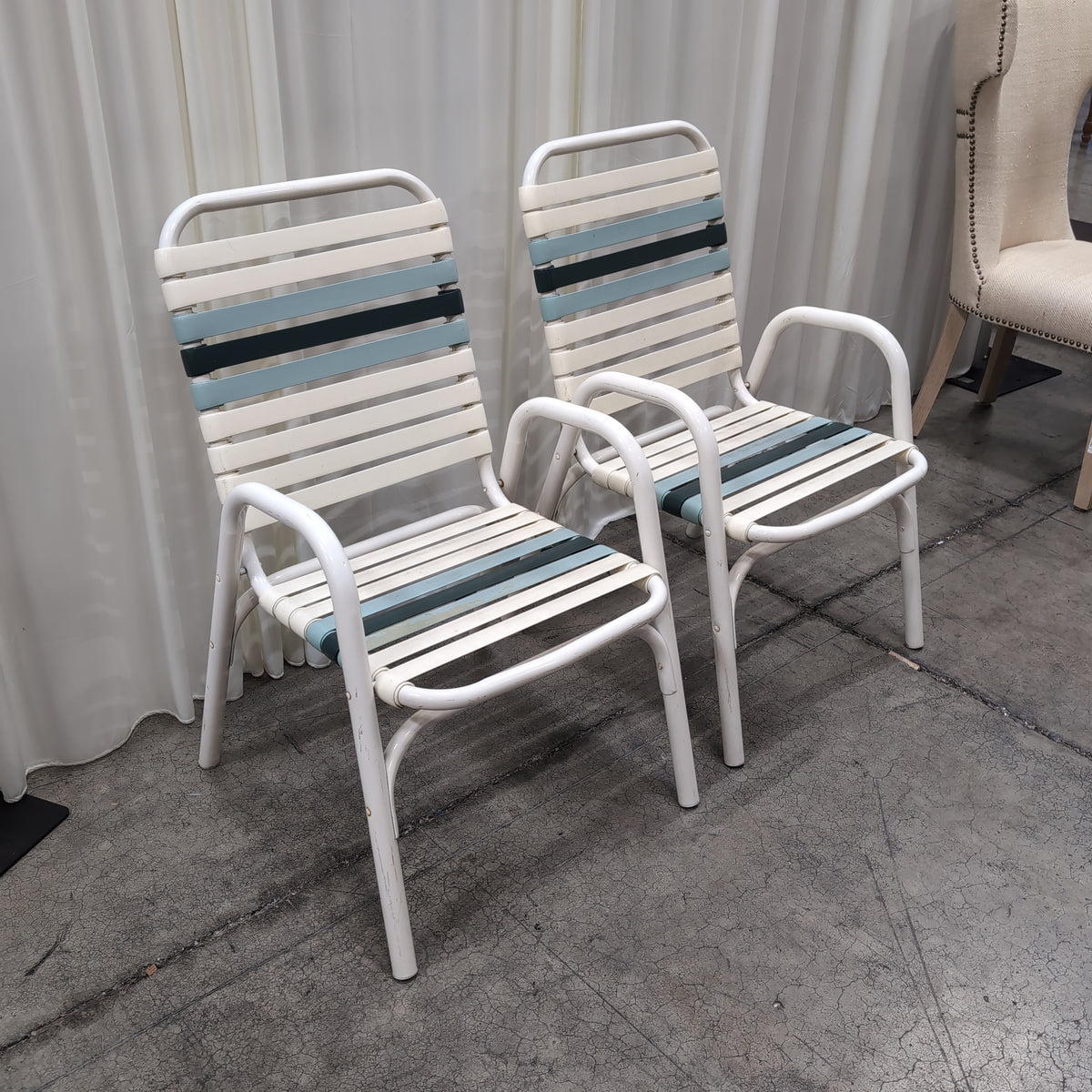 Vintage Cream Metal Patio Chair with Blue Straps