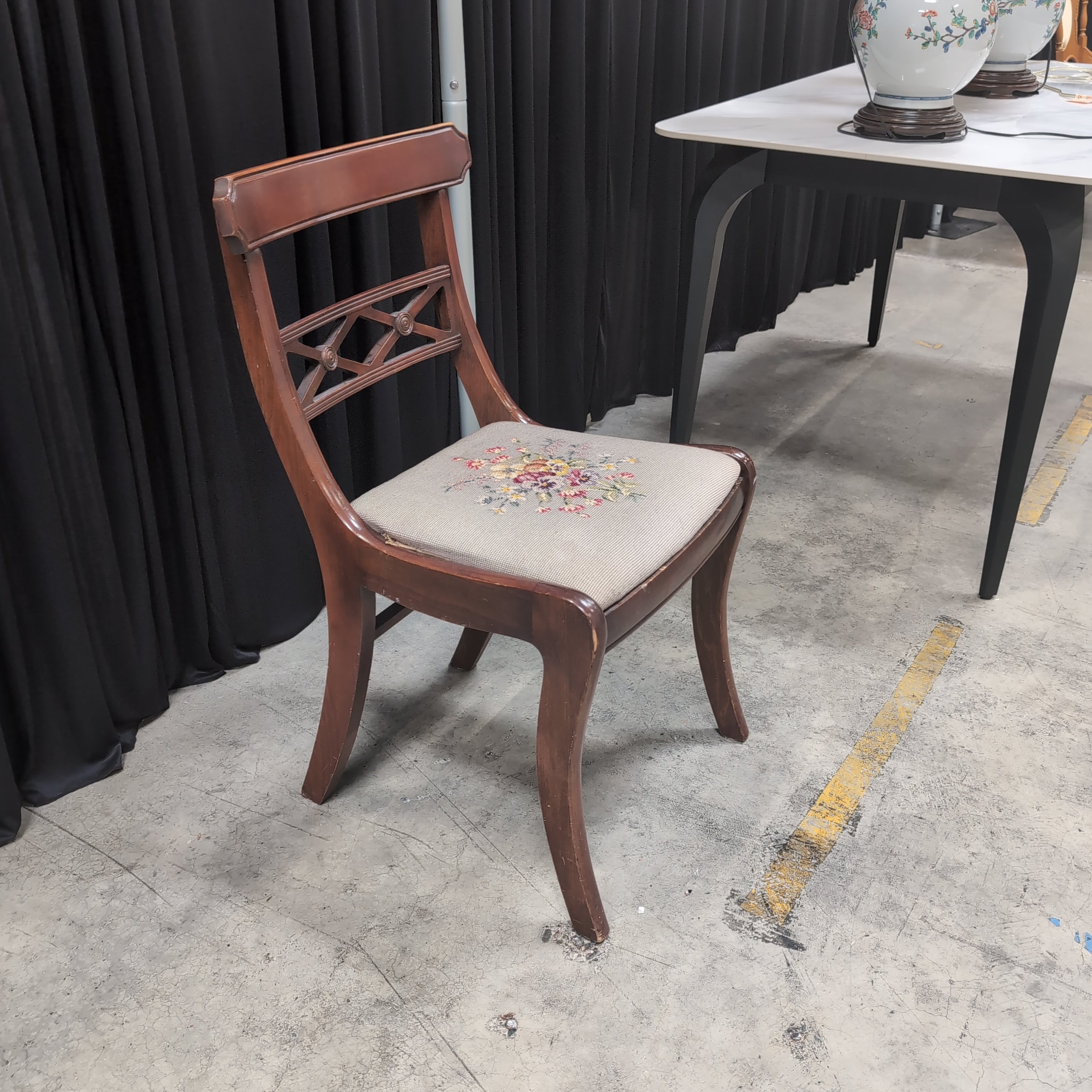 Brown Wood Cross-Back Dining Chair with Needlepoint Seat