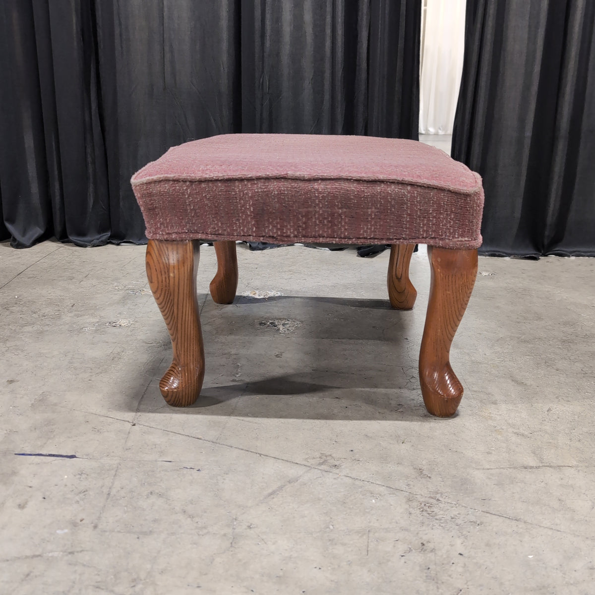 Muted Pink Textured Fabric Ottoman with Carved Legs