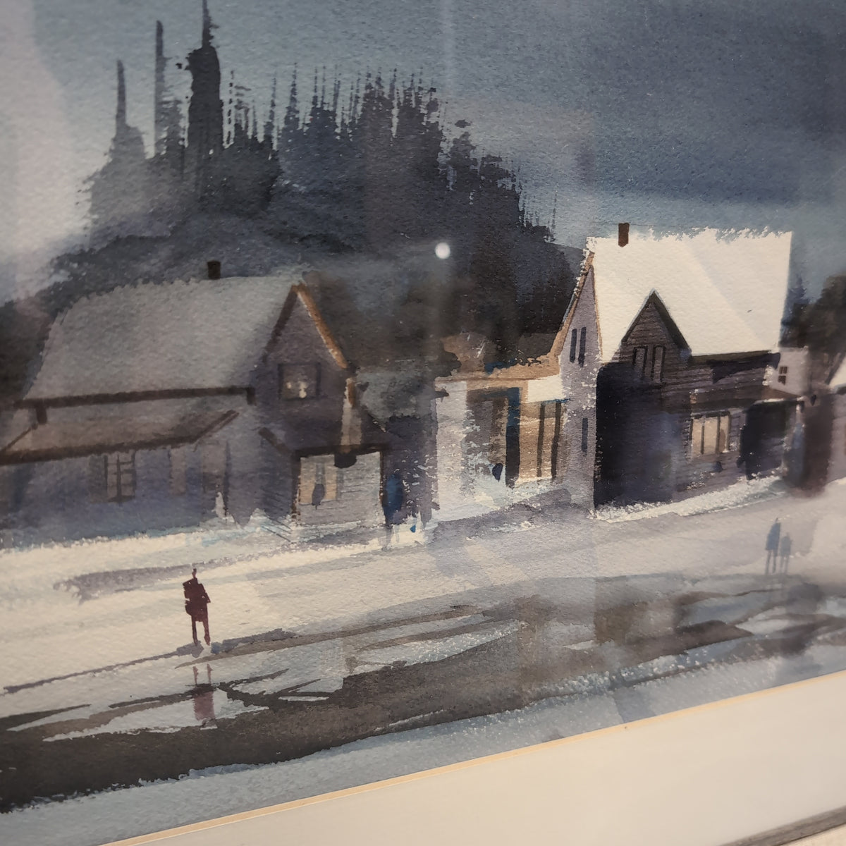 Muted Winter Village Watercolor Painting in a Wood Frame