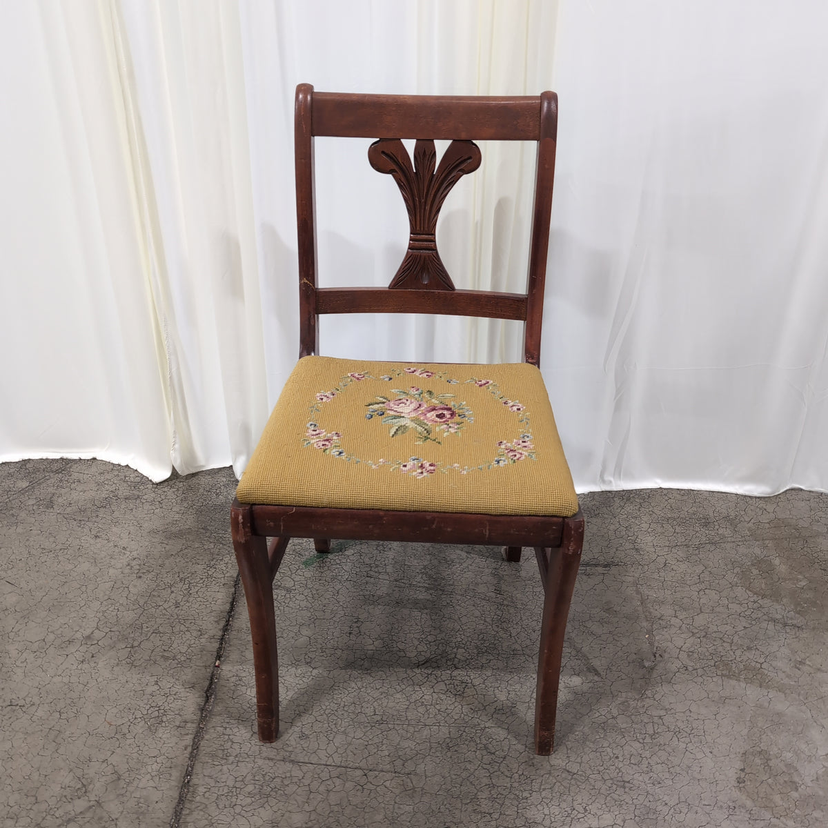 Traditional Carved Wood Dining Chair with Needlepoint Seat