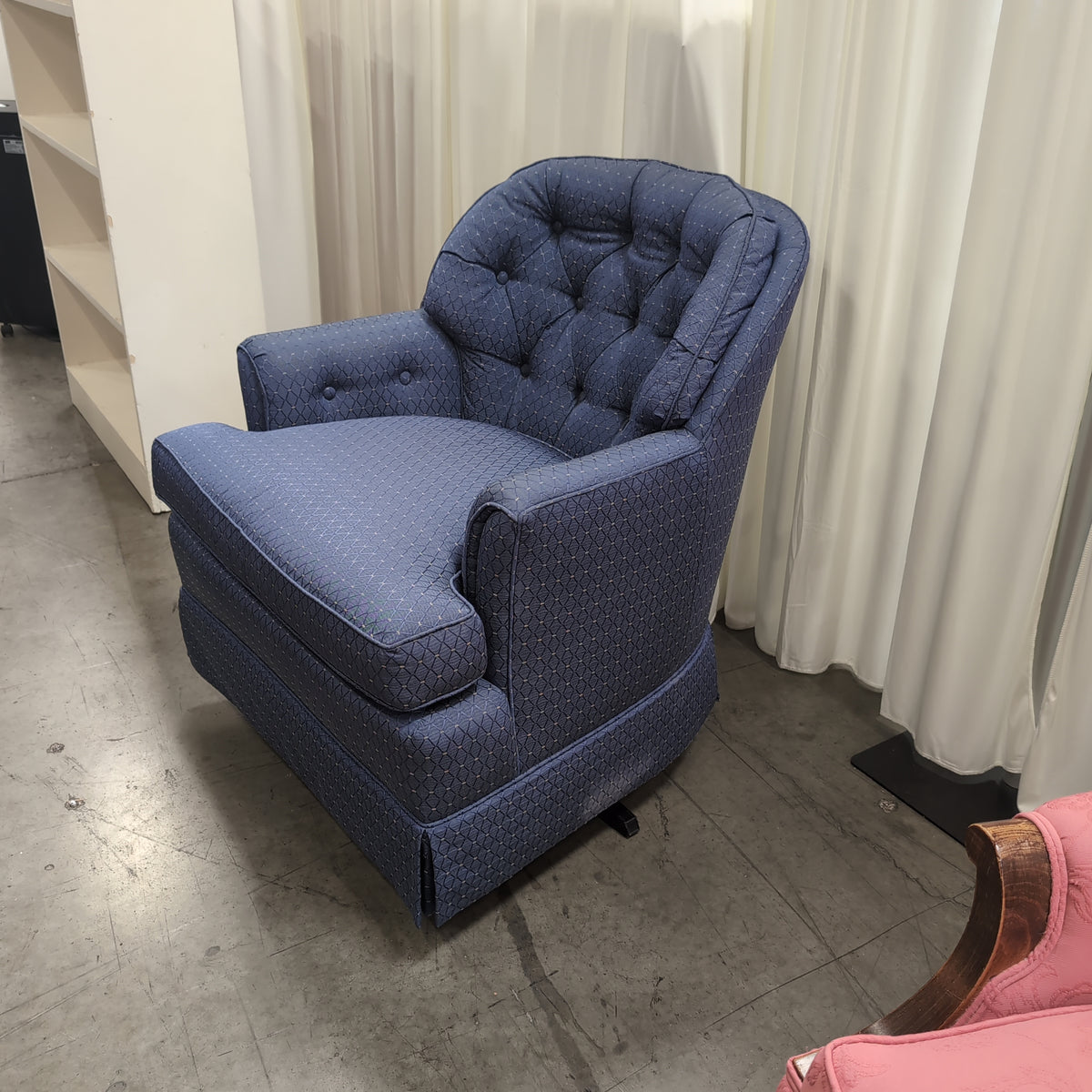 Dark Blue Tufted Upholstered Chair with Geometric Pattern