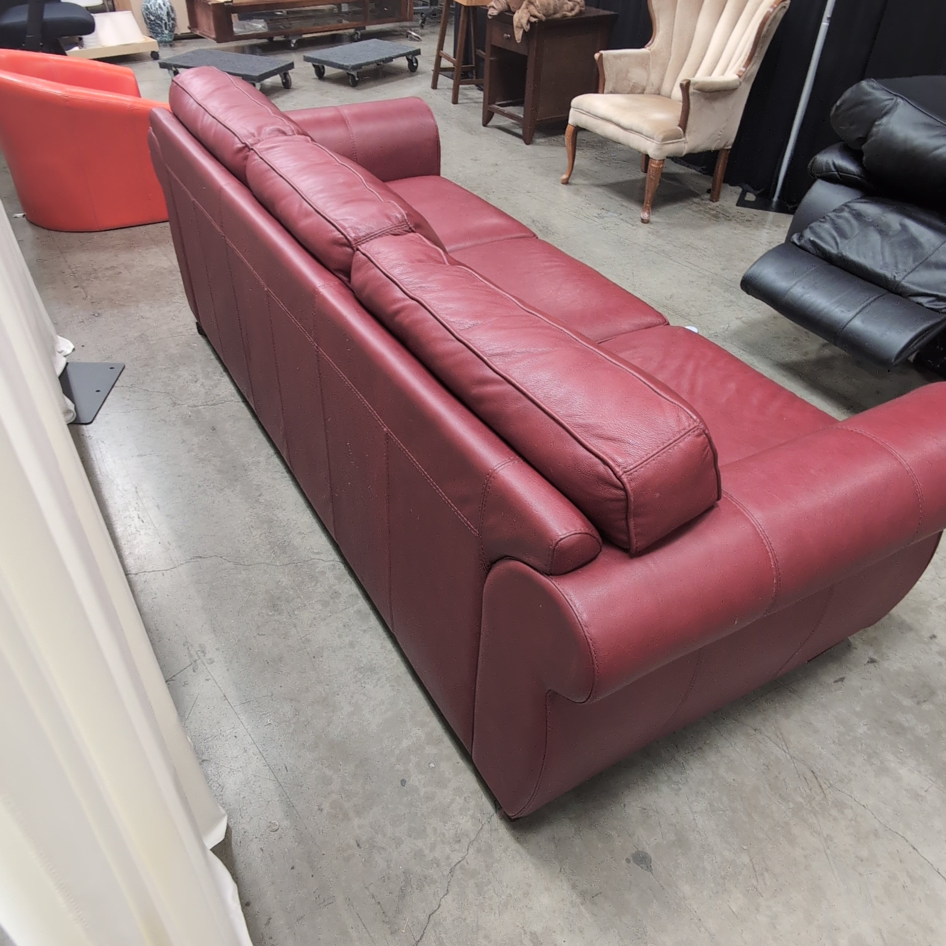 Burgundy Rolled Arm Three-Cushion Couch in Leather