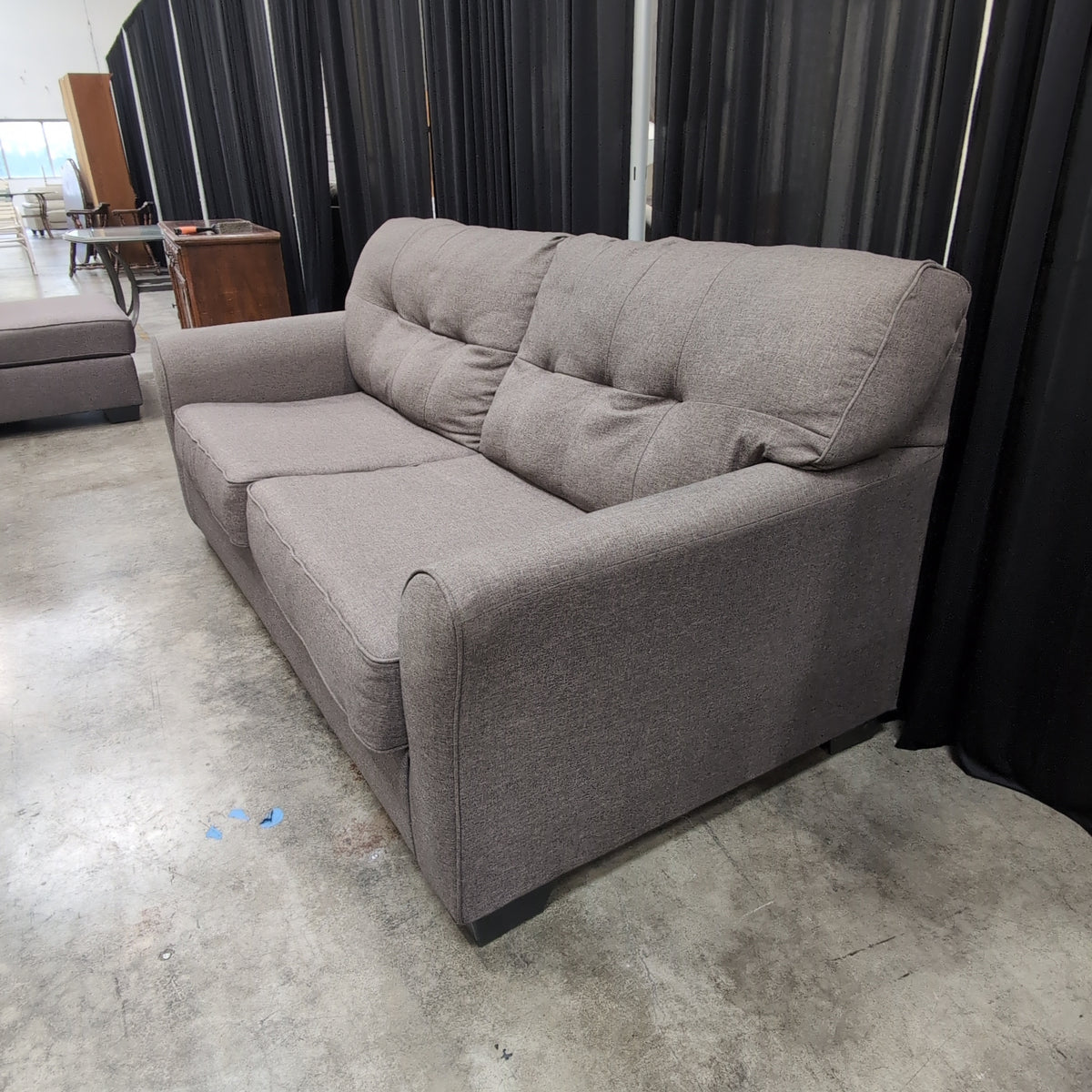 Grey Fabric Tufted Back Couch with Rolled Arms