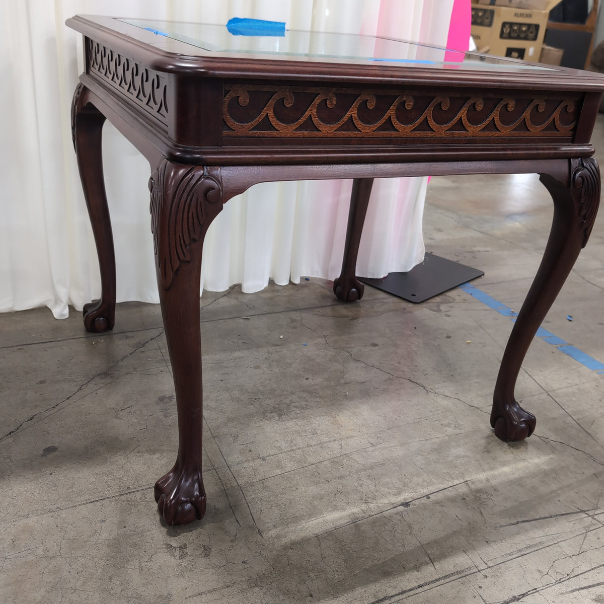 Carved Dark Wood Square End Table with Glass Top