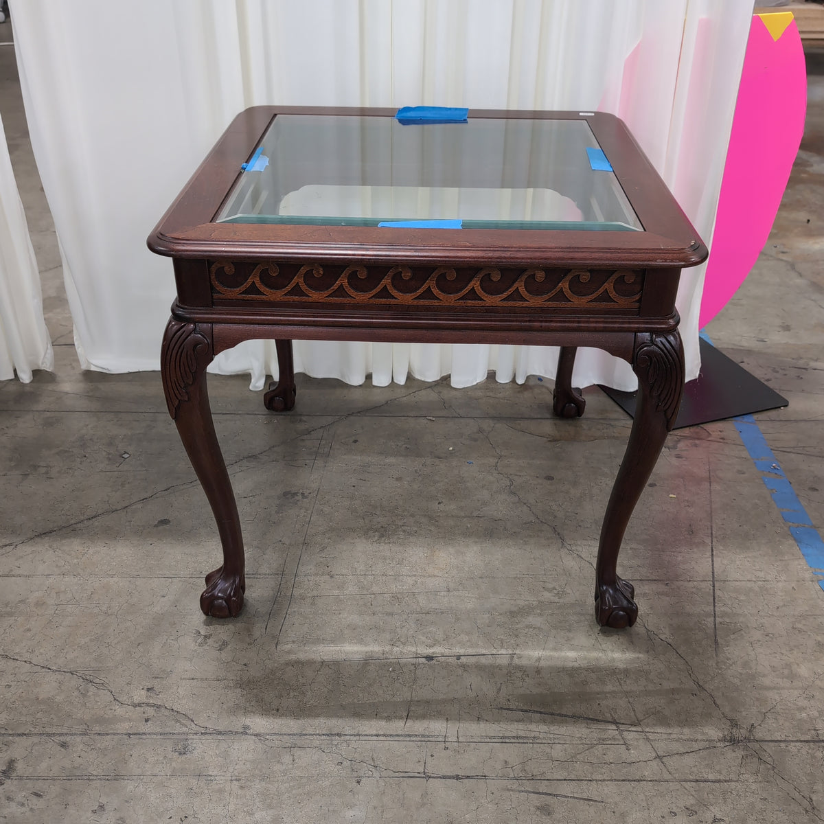Carved Dark Wood Square End Table with Glass Top