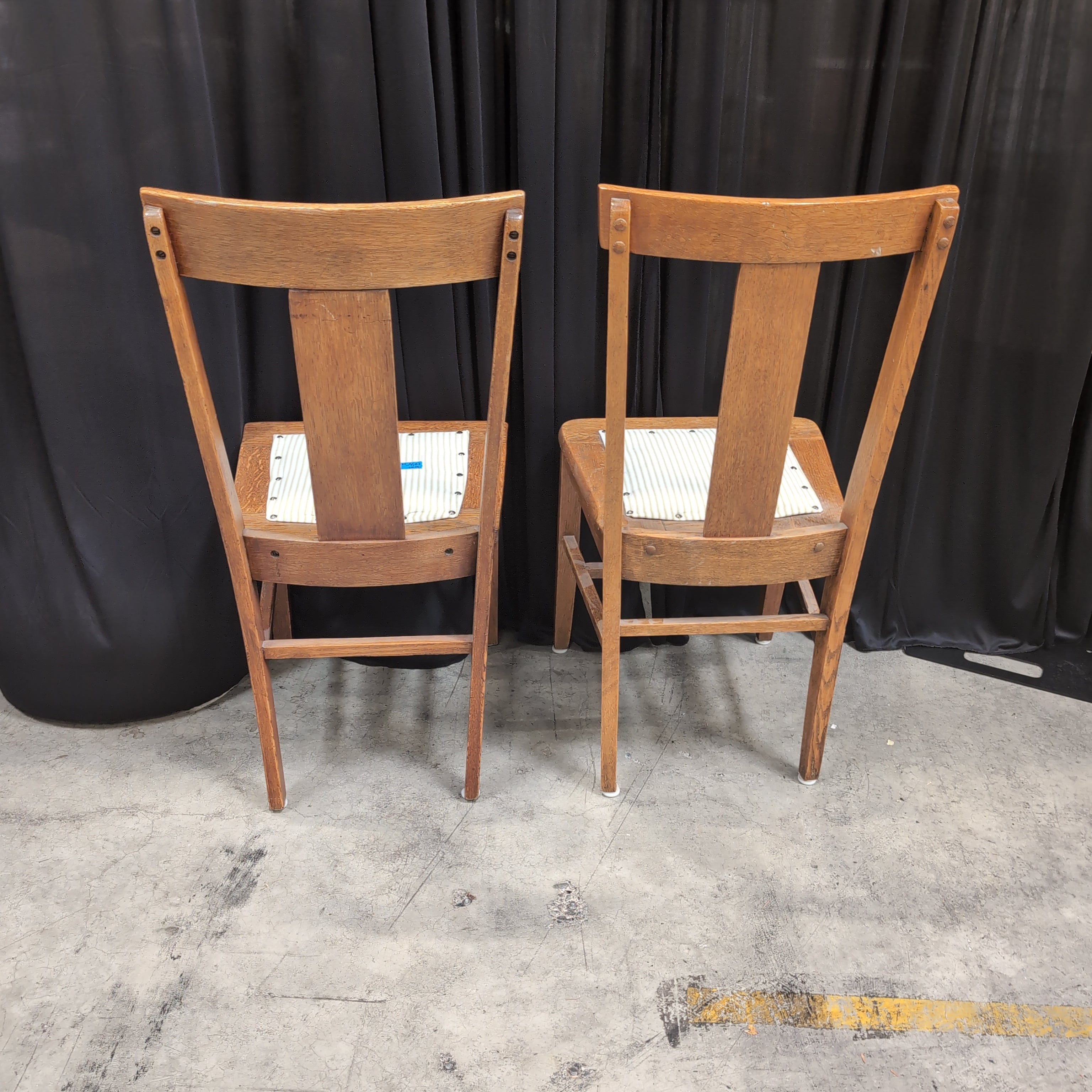 Pair of Oak T-Back Dining Chair with Striped Upholstery