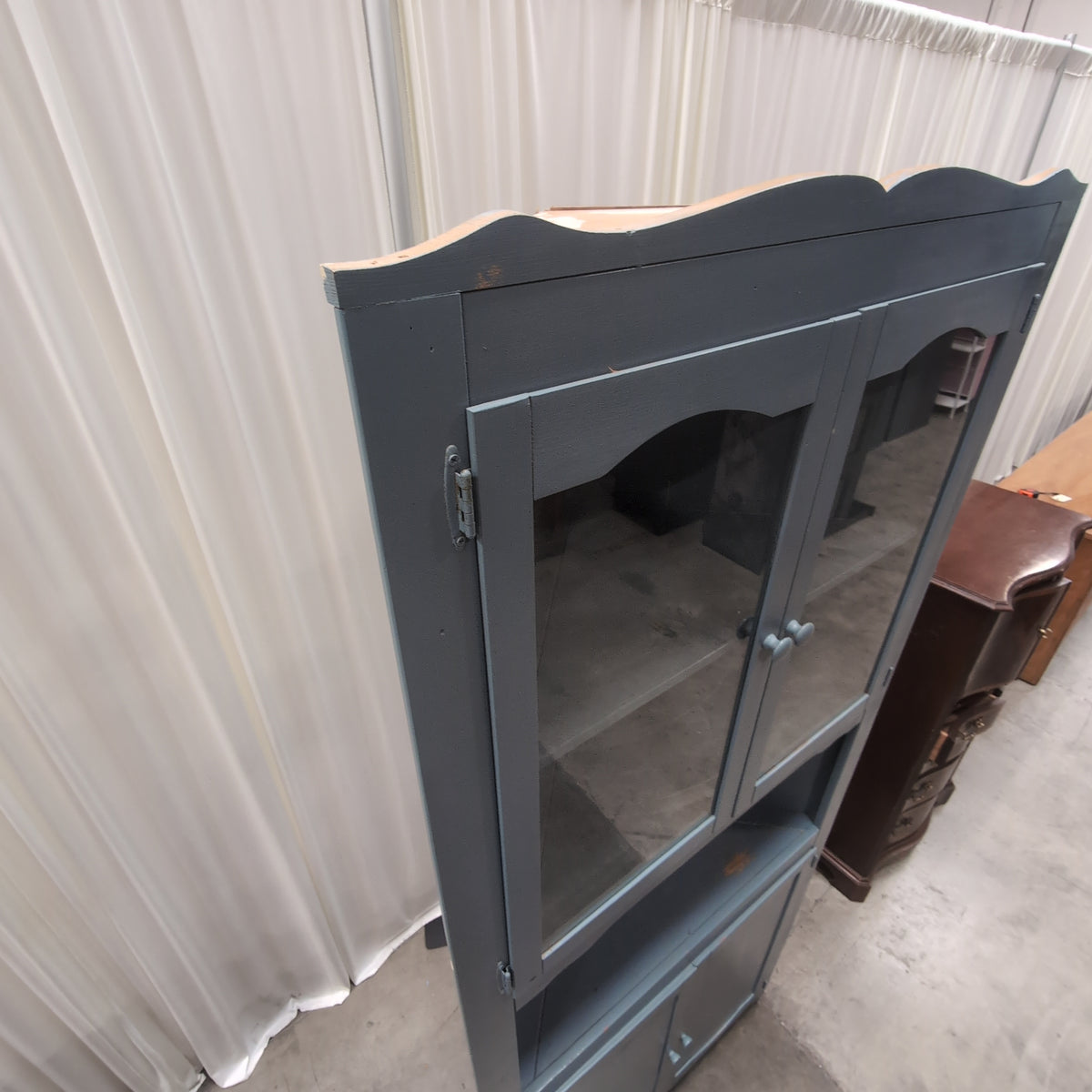 Painted Blue Corner China Cabinet with Glass Doors