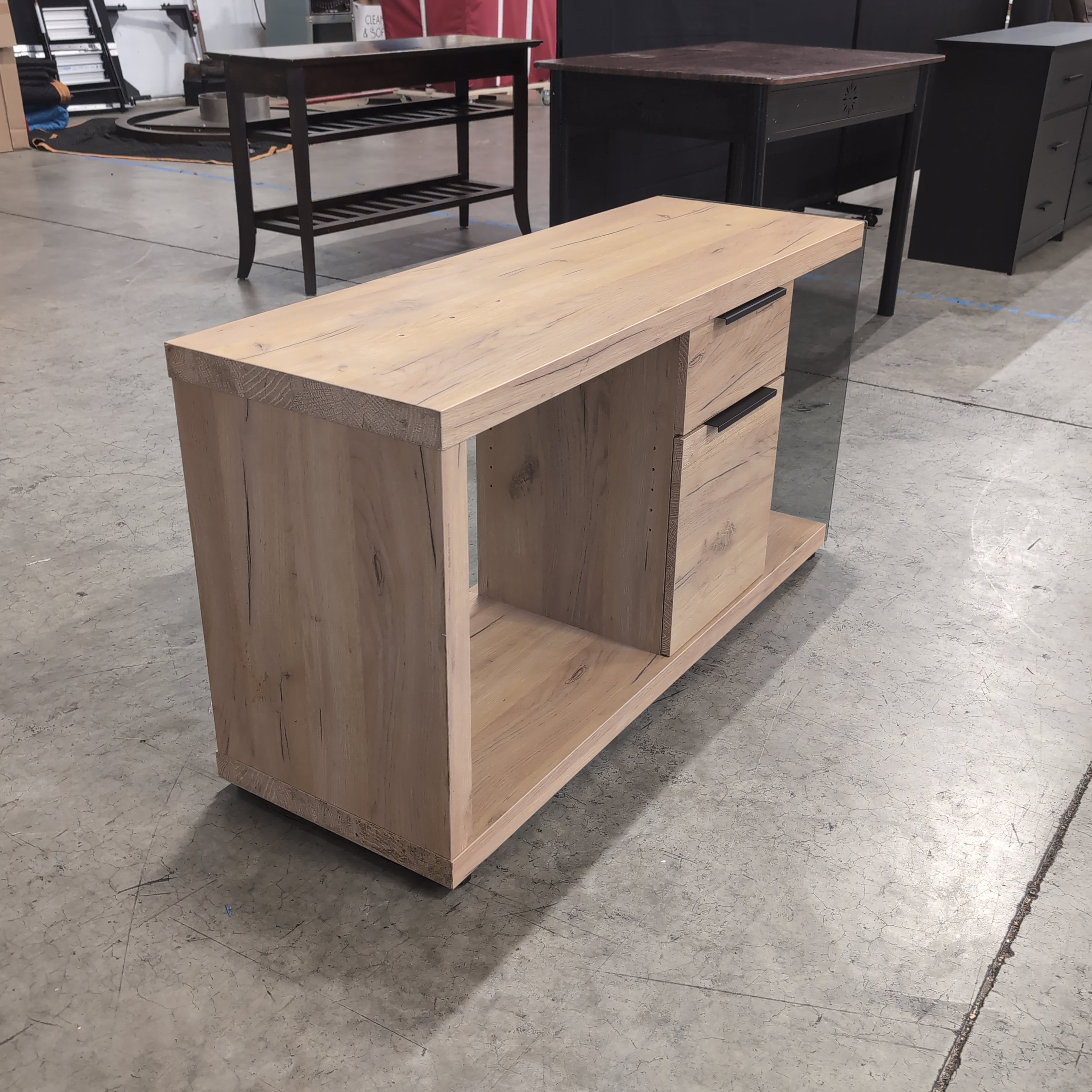 Modern Light Wood TV Stand with Glass Panel