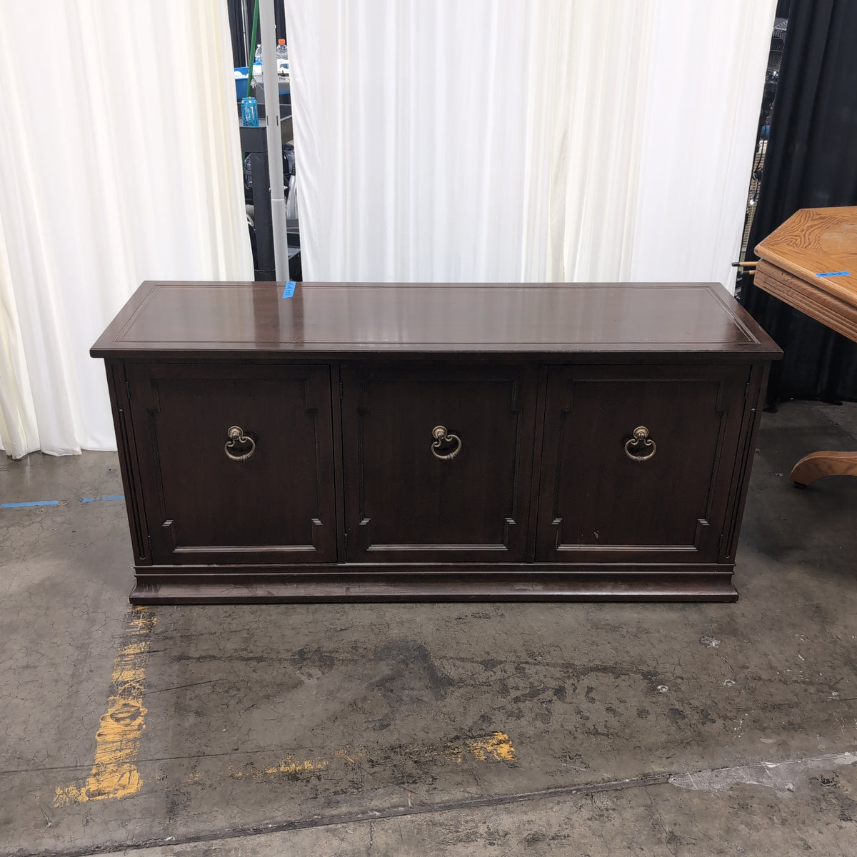 Dark Hardwood Three-Door Buffet with Ornate Pulls
