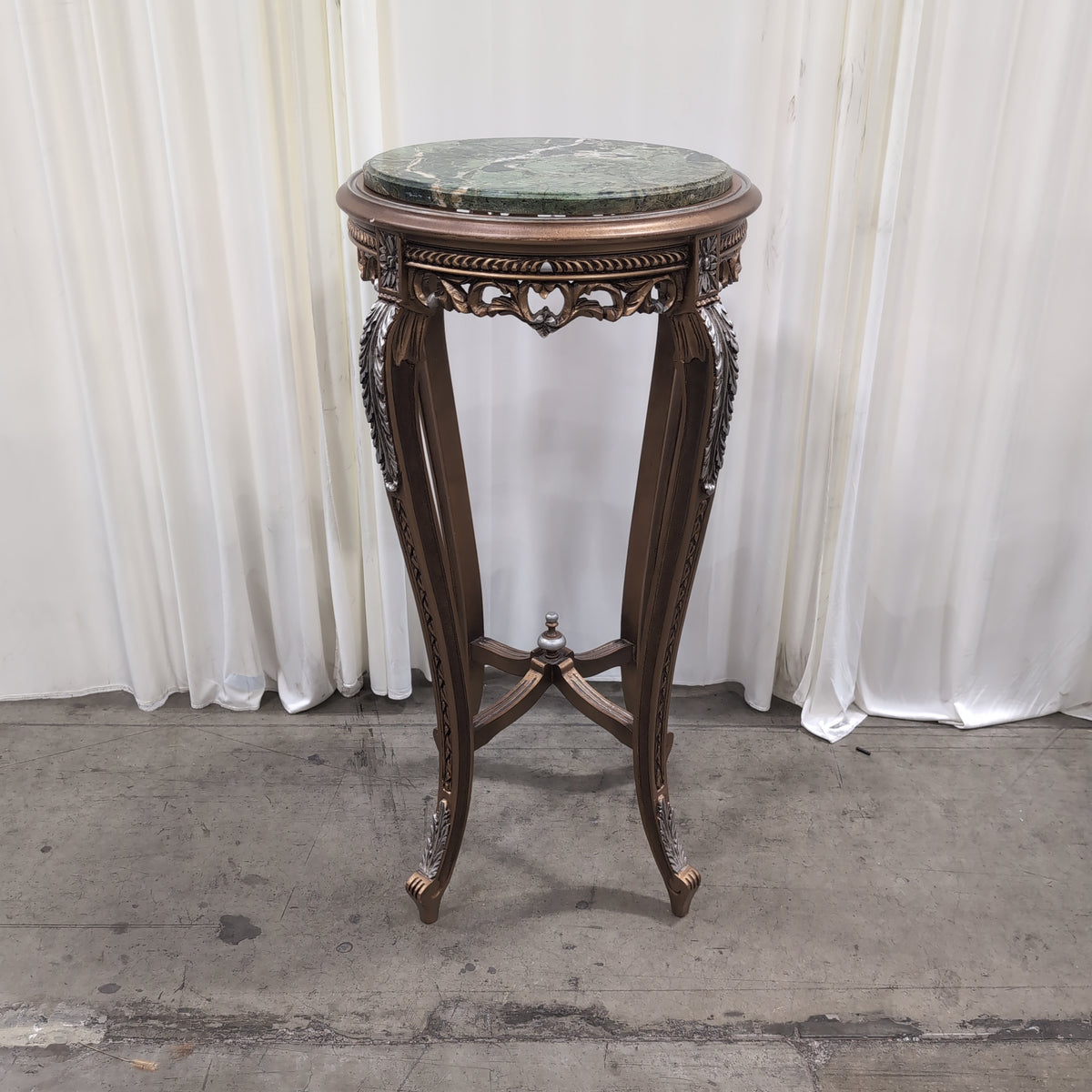 Ornate Bronze and Silver Accent End Table with Green Marble Top