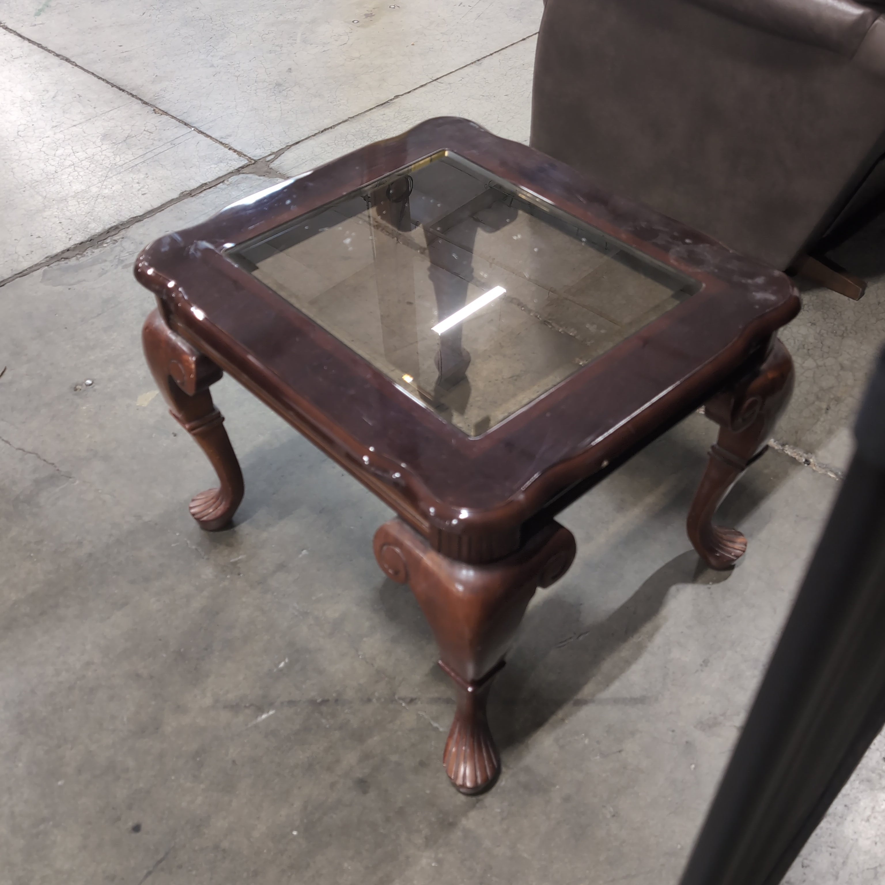Dark Wood Traditional Square End Table with Glass Top