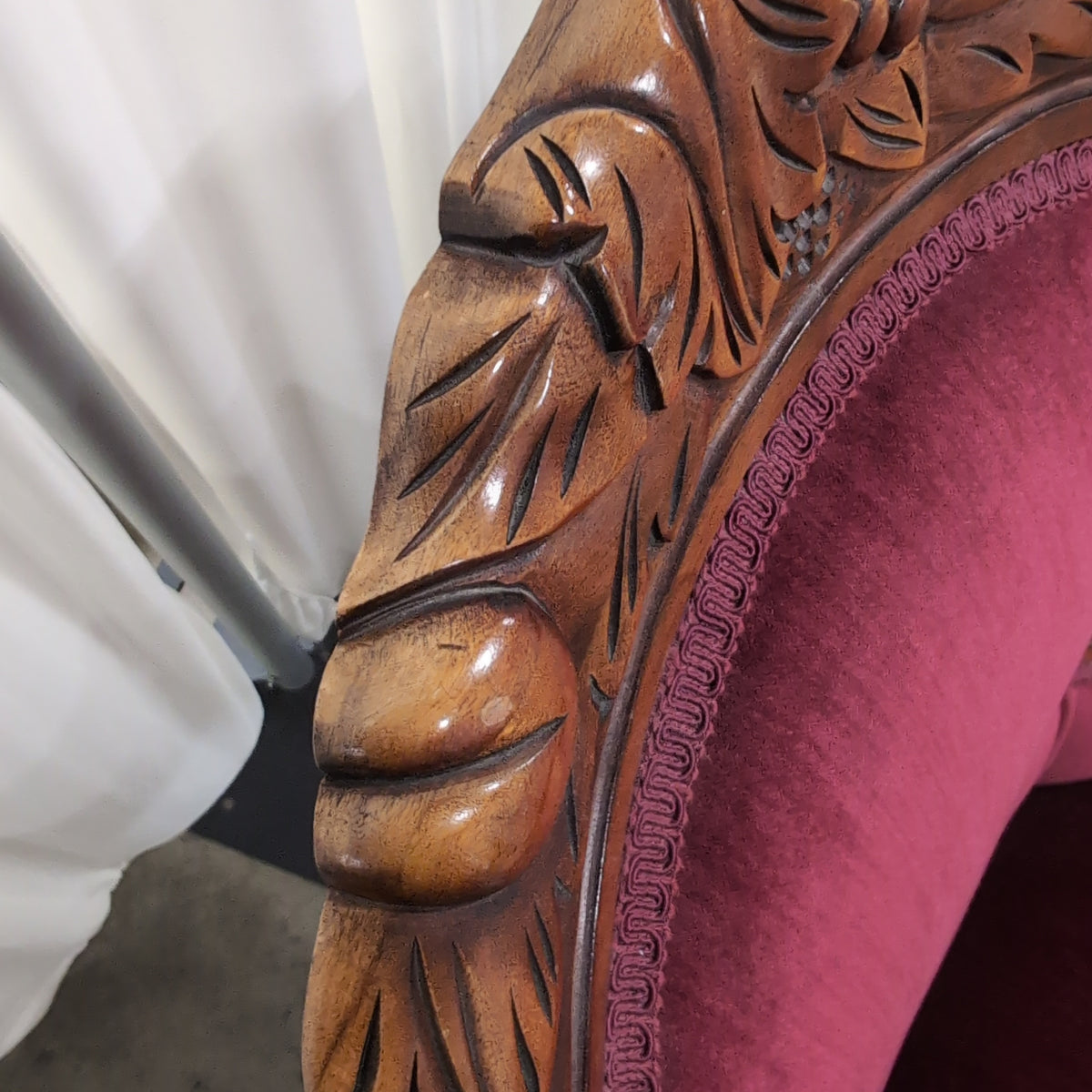 Ornate Carved Wood Frame Accent Chair in Deep Red Velvet