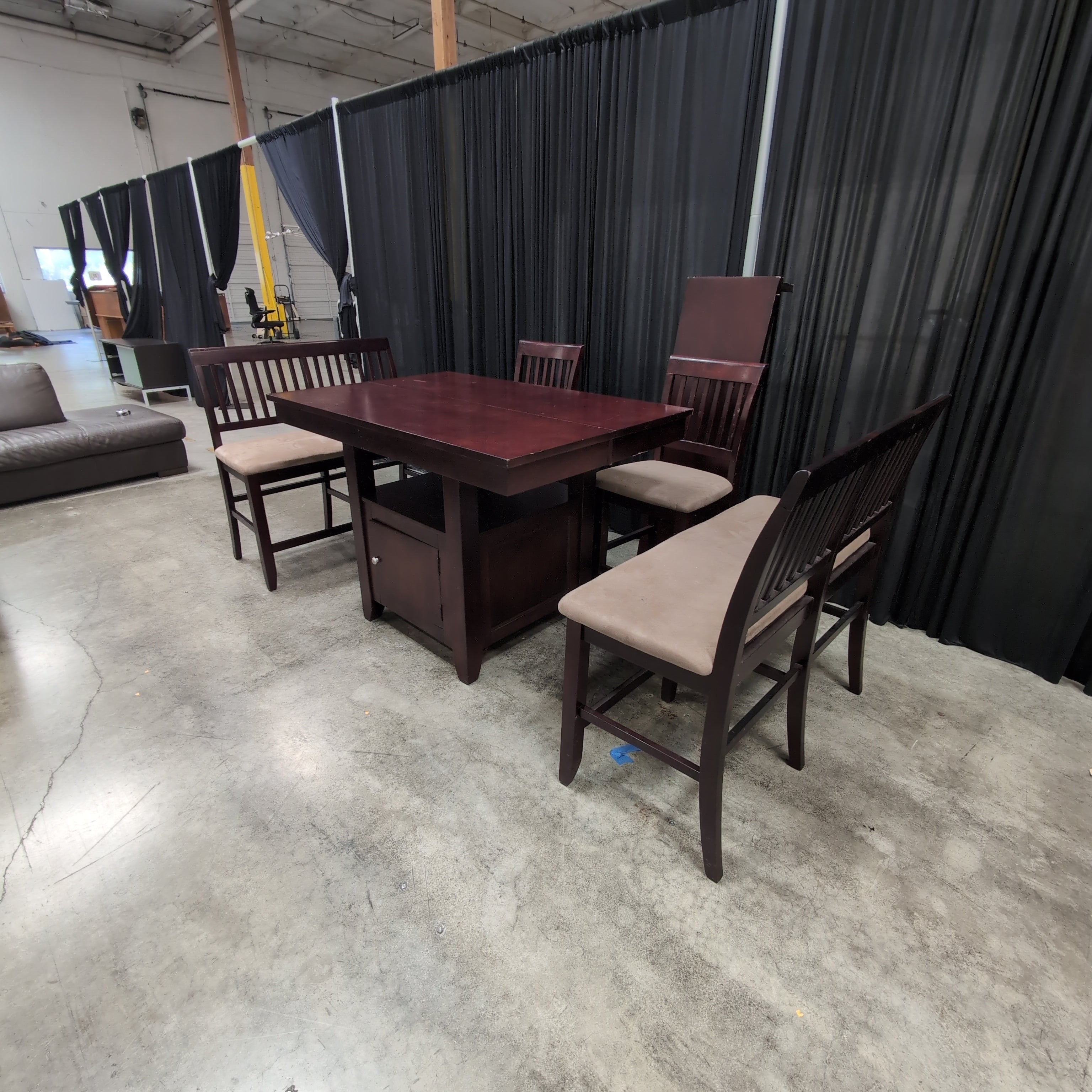 Dark Brown Counter-Height Dining Table with Storage Base and Four Chairs