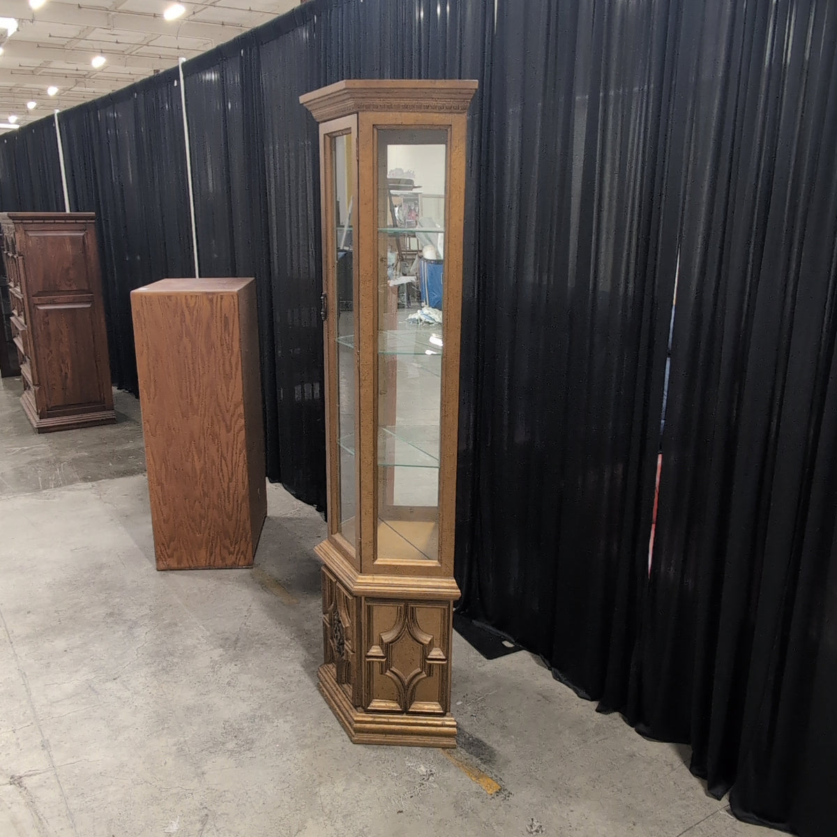 Ornate Light Wood China Cabinet with Glass Shelves