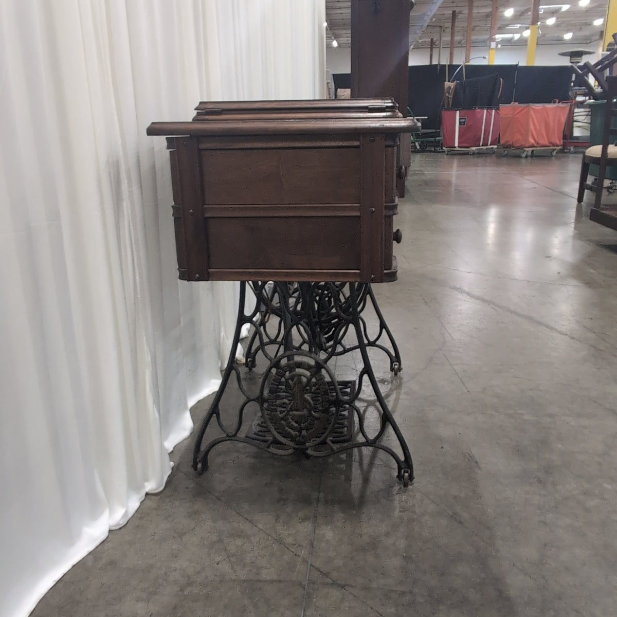Vintage Wood Cabinet Sewing Machine with Cast Iron Base