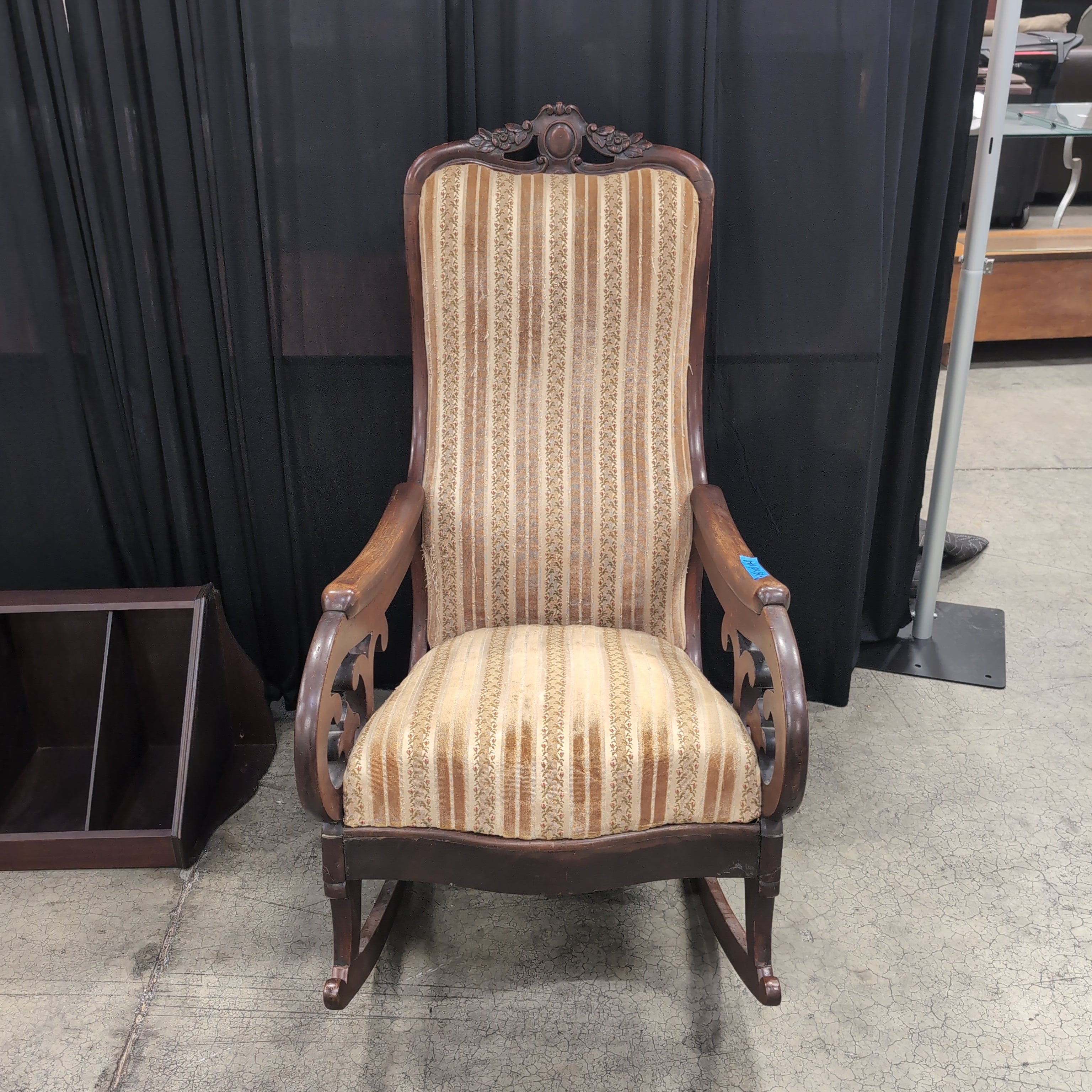 Ornate Carved Wood Upholstered Armchair with Floral Stripes