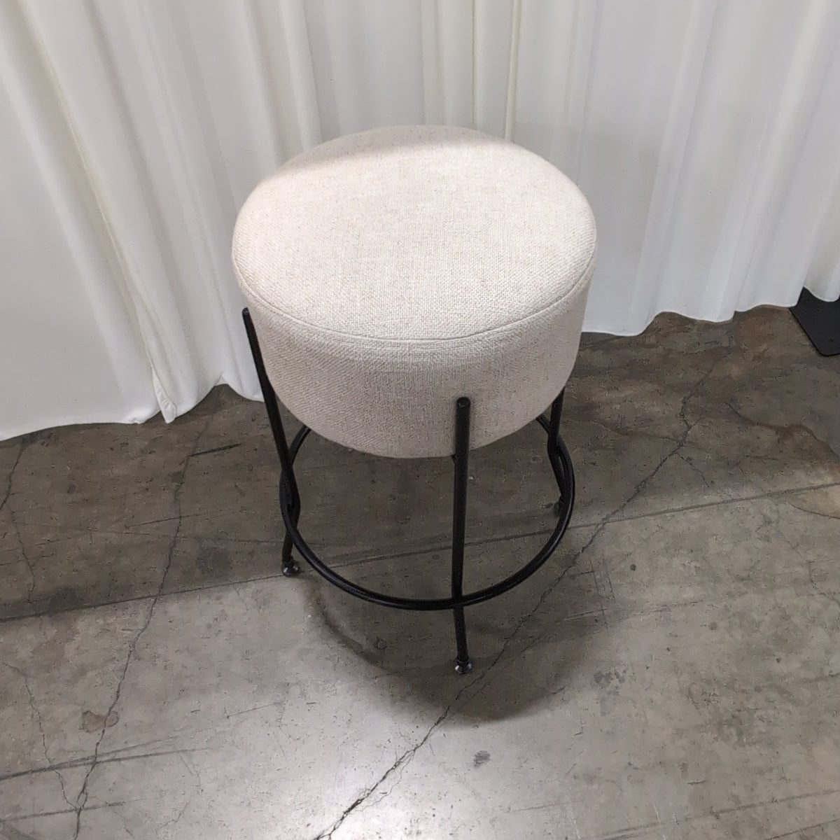 Round Upholstered Beige Stool with Metal Legs