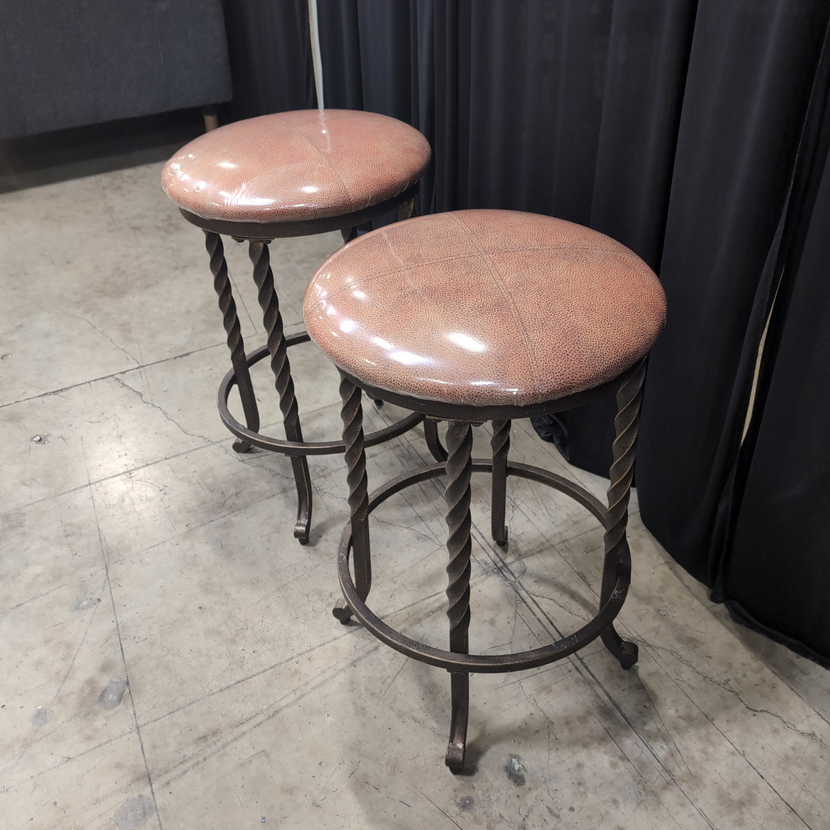 Pair of Rustic Tan Faux Leather Bar Stool with Twisted Metal Legs