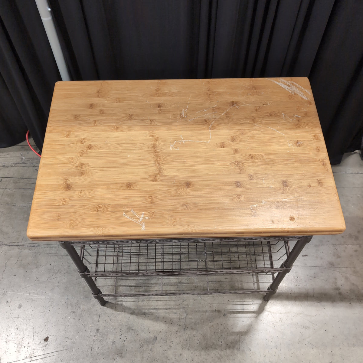 Light Wood Top Dark Metal Kitchen Cart with Wire Shelves
