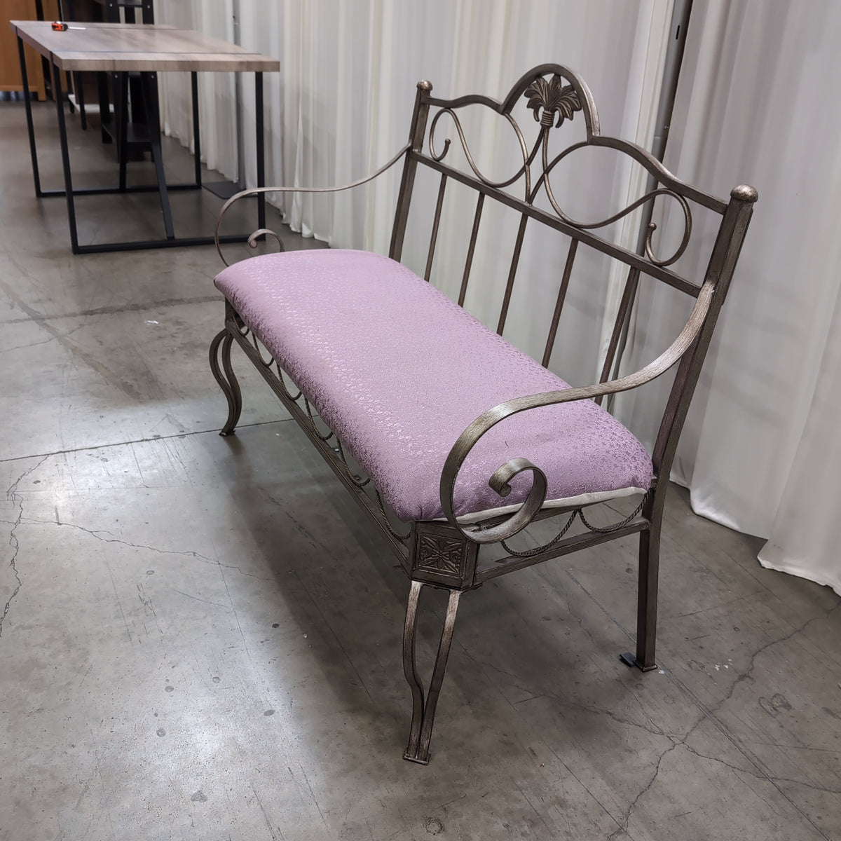 Ornate Champagne Metal Bench with Purple Upholstery