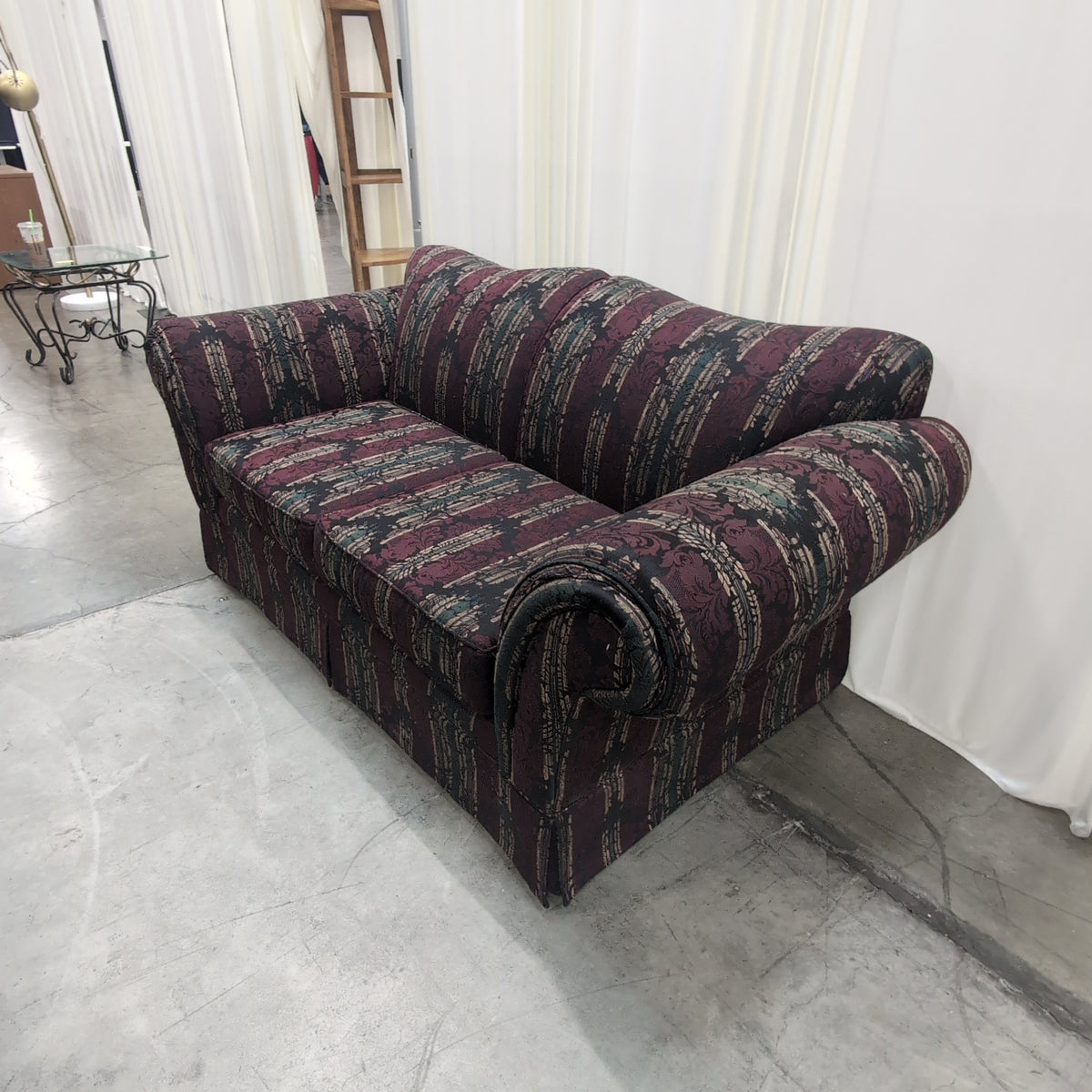 Striped Burgundy Upholstered Armchair with Rolled Arms