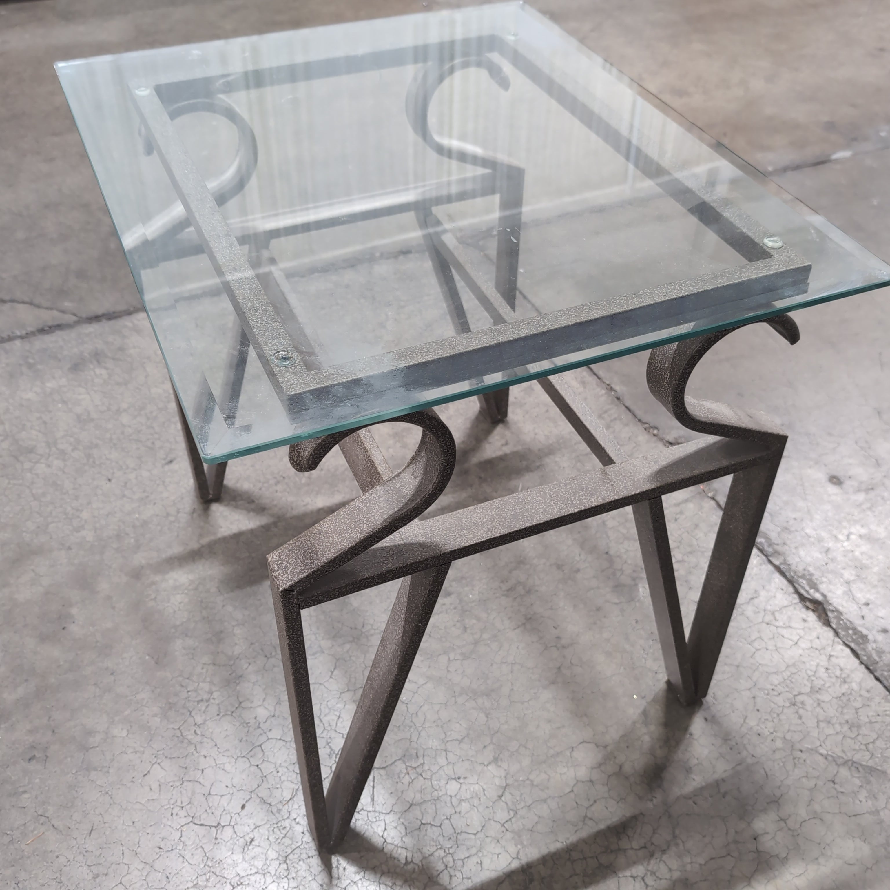Industrial Style Metal End Table with Glass Top
