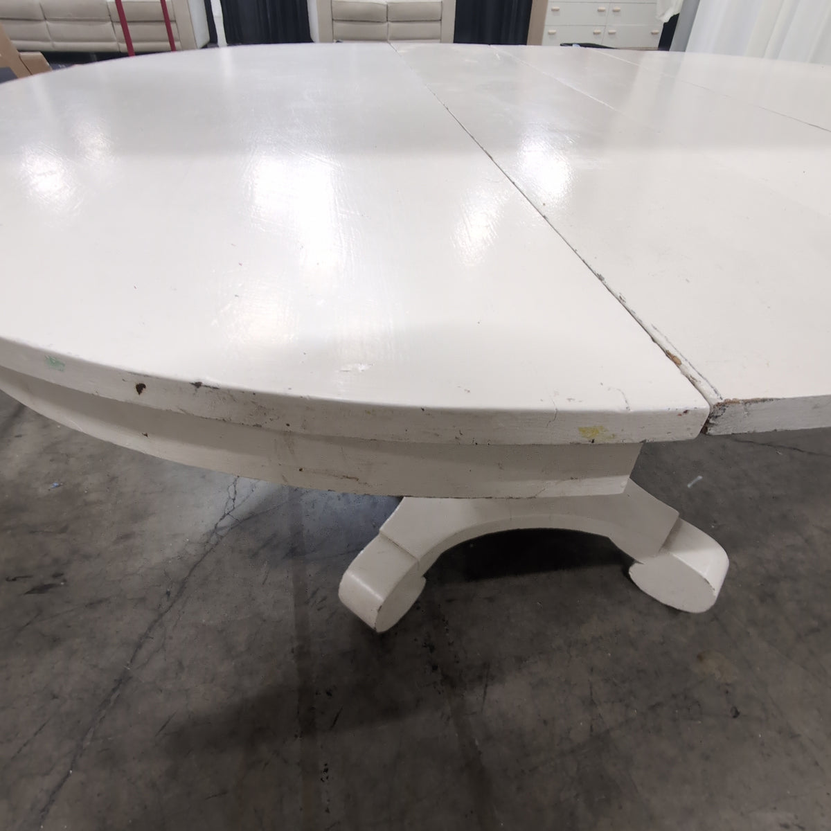 White Painted Wood Pedestal Dining Table with Leaves