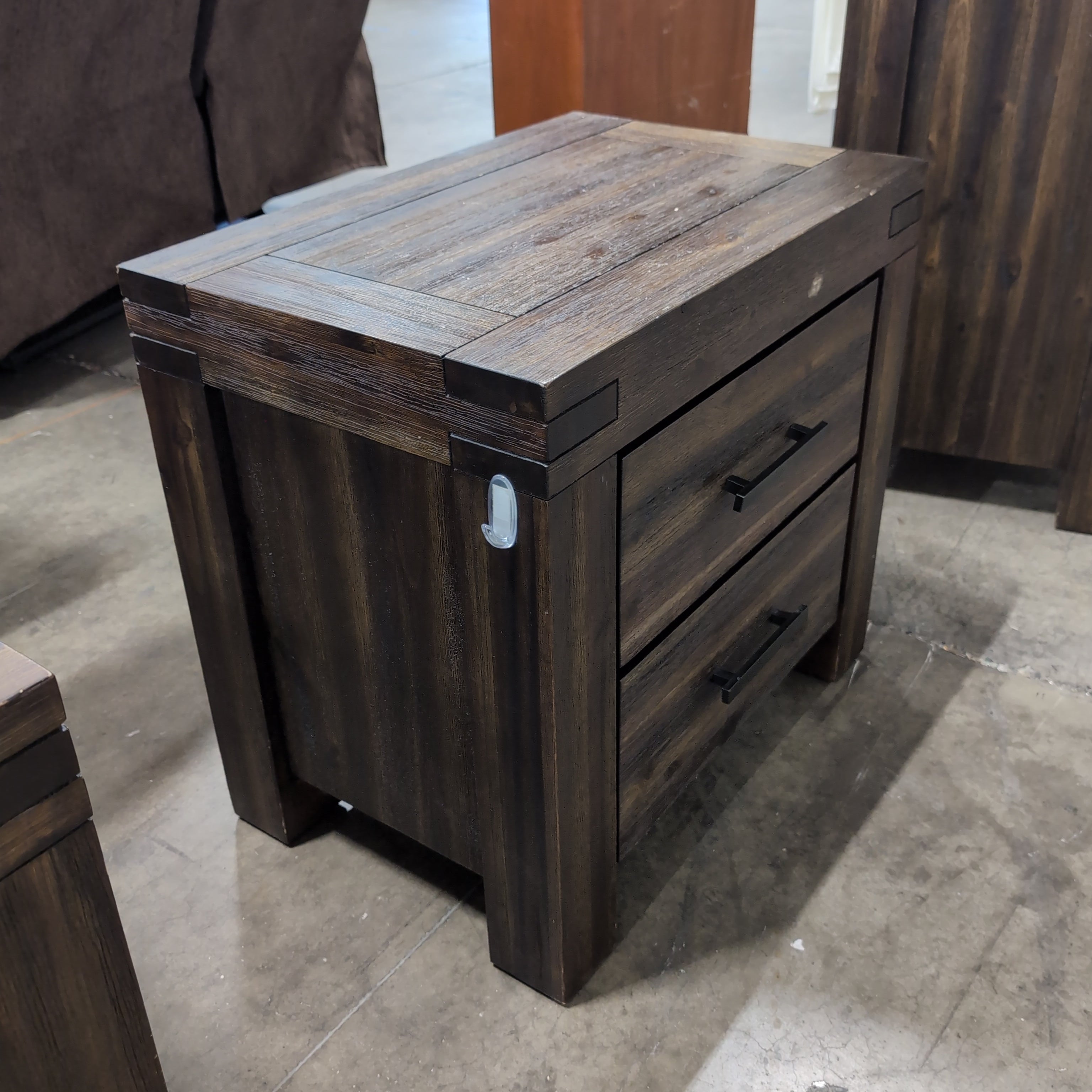 Rustic Dark Brown Wood Nightstand with Two Drawers