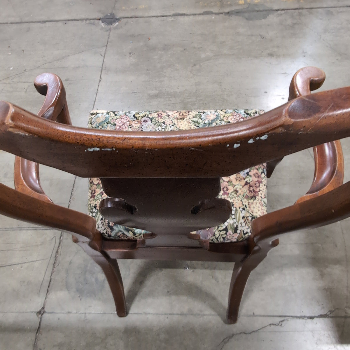 Queen Anne Style Dark Wood Armchair with Floral Upholstery