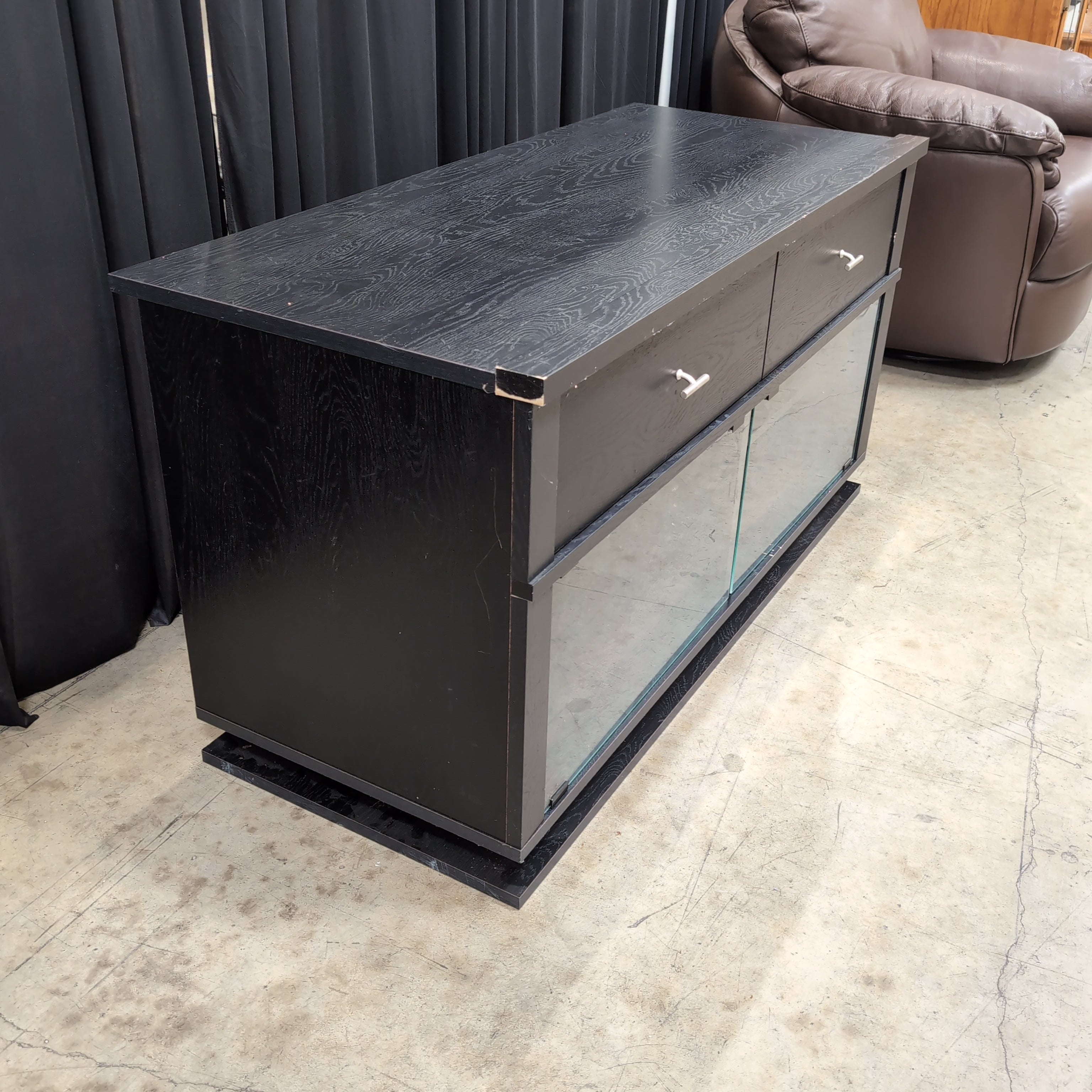 Dark Wood Grain TV Stand with Glass Doors