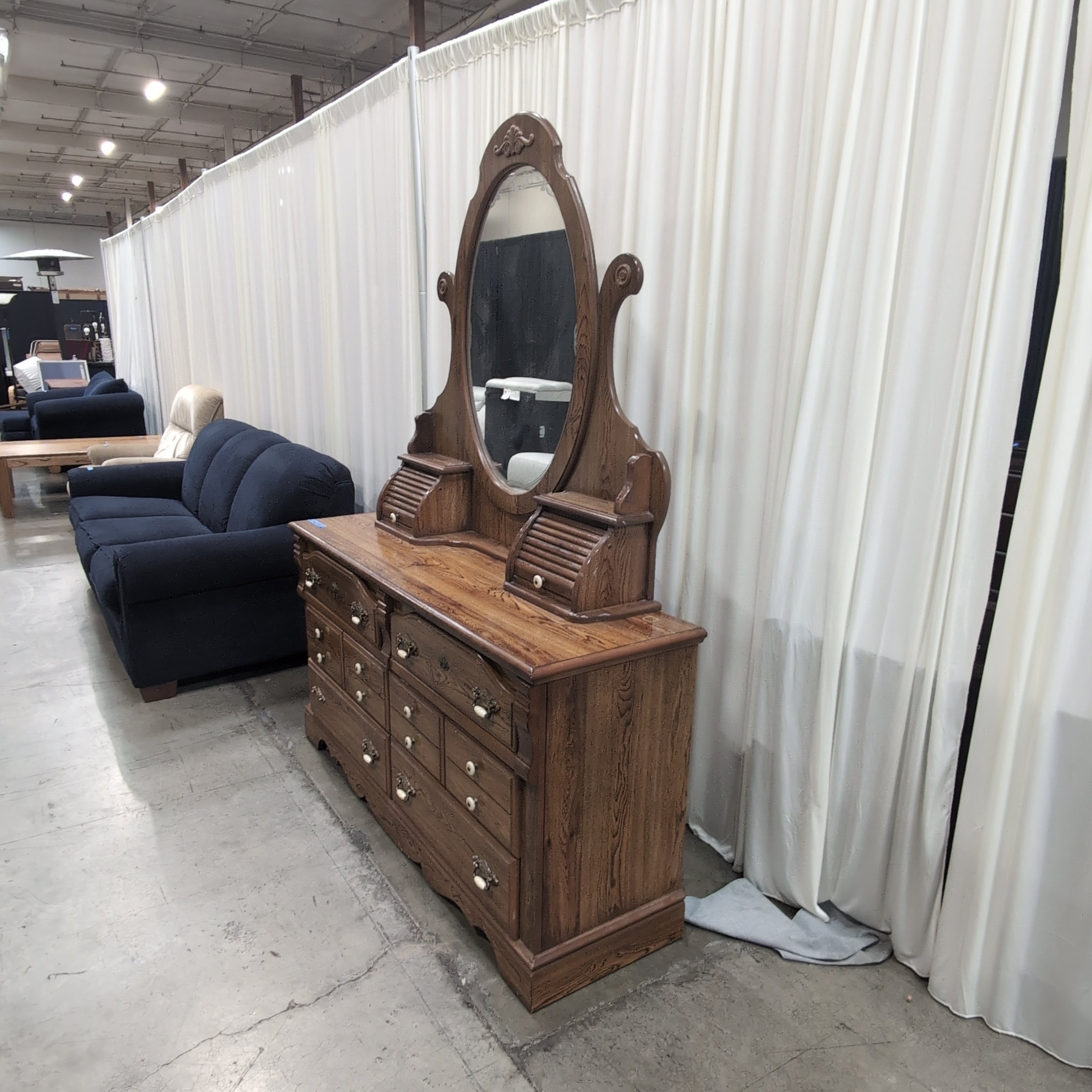 Ornate Hardwood Six-Drawer Dresser with Mirror