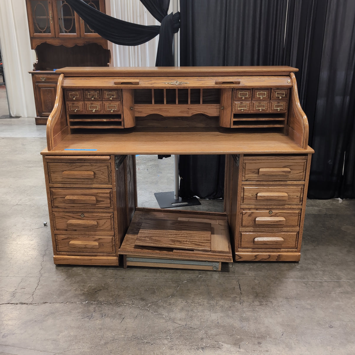 Light Brown Roll-Top Wood Desk with Multiple Drawers