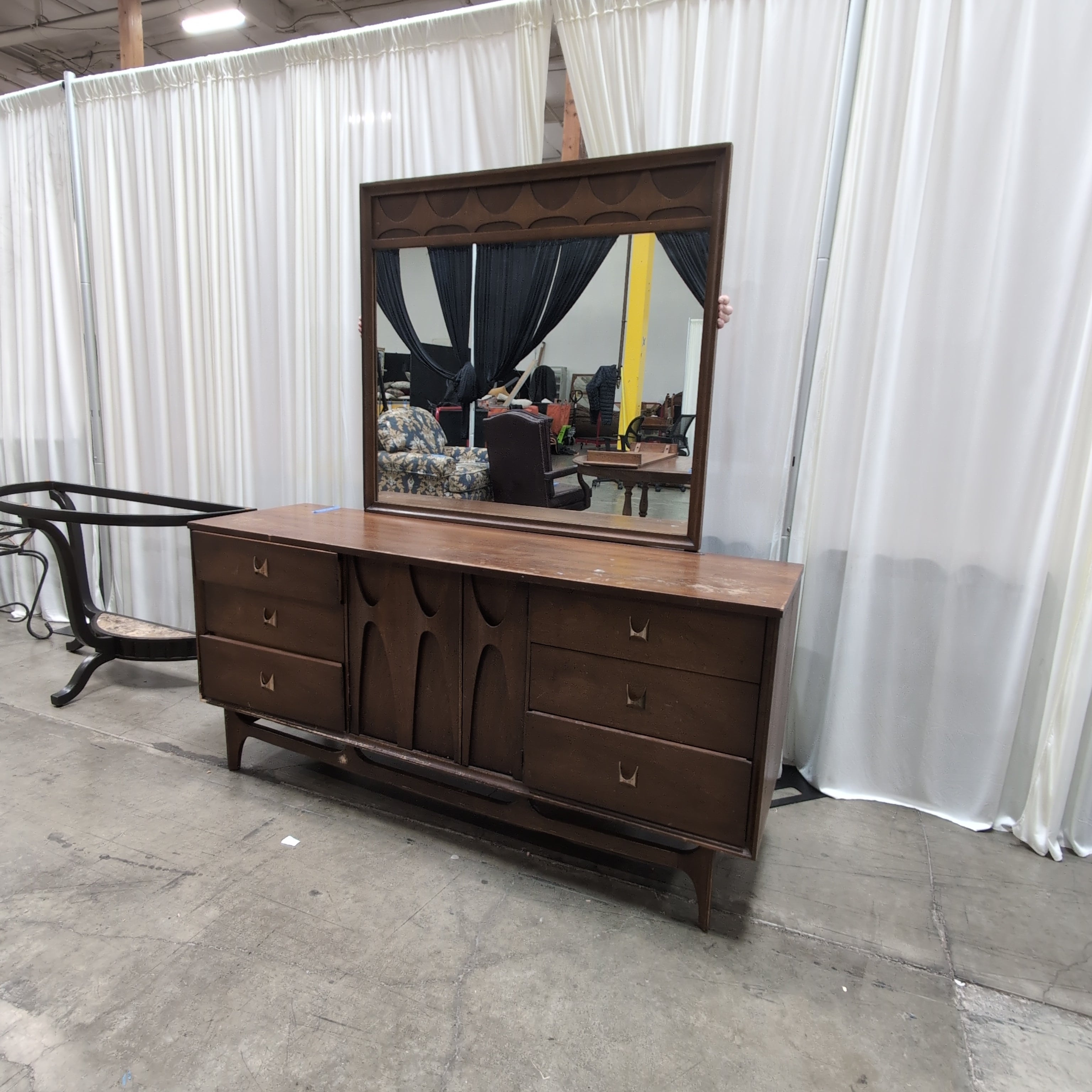 Mid-Century Modern Dark Wood Dresser with Matching Mirror