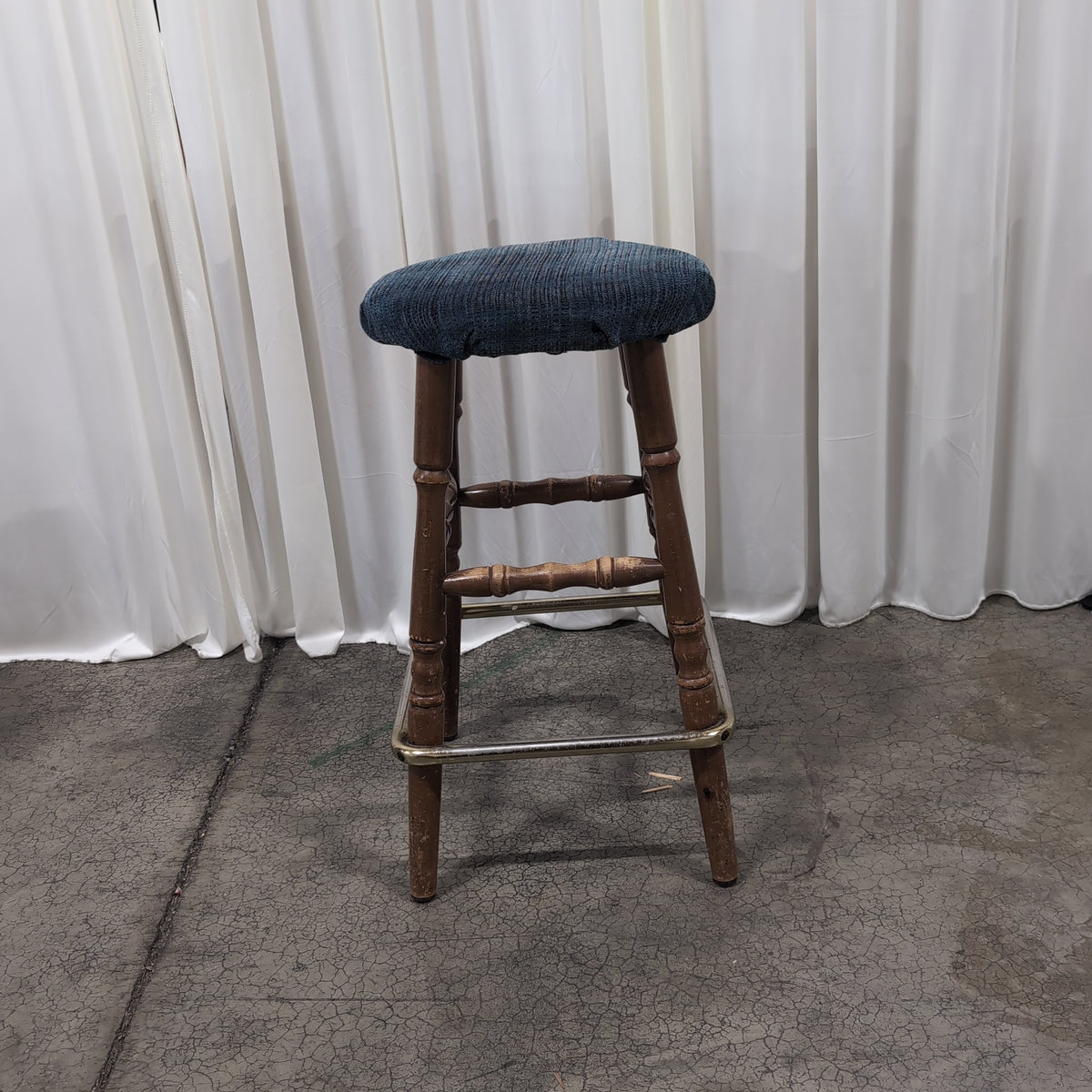 Set of Three Round Blue Upholstered Dark Wood Bar Stool