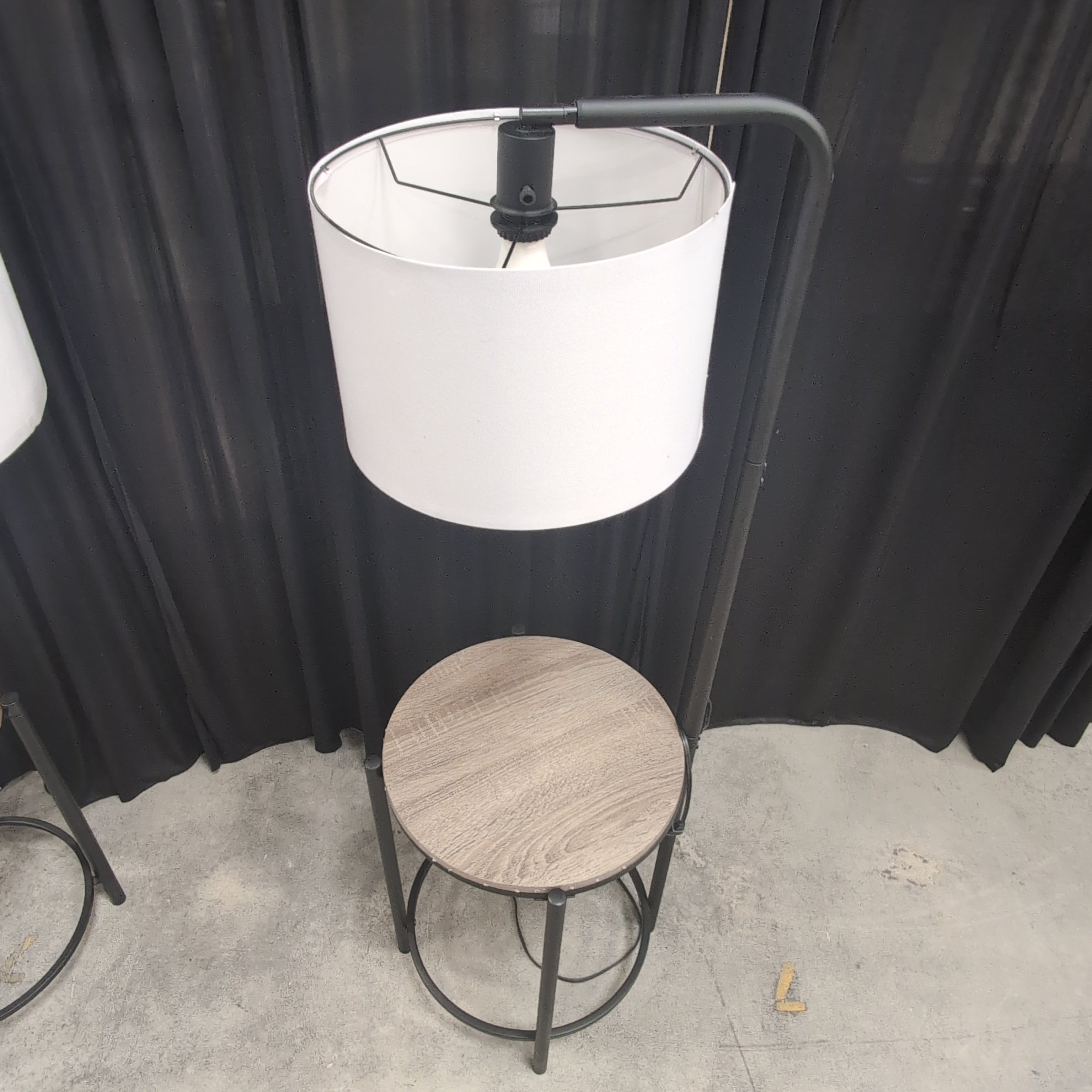 Black Metal Floor Lamp with Round Wood Table