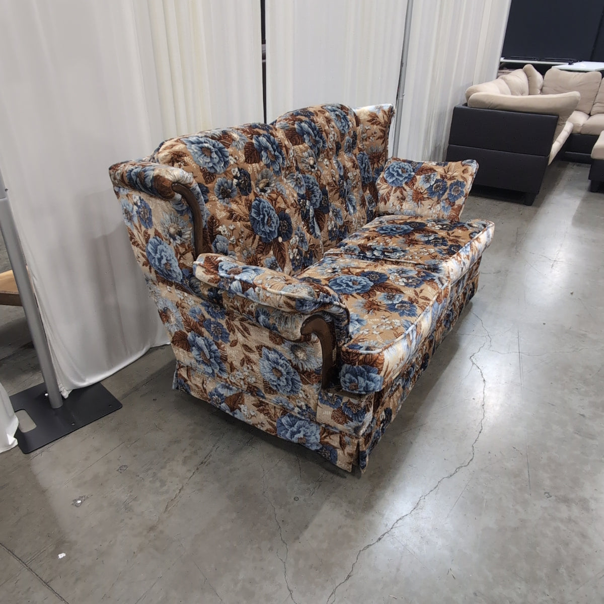 Vintage Floral Upholstered Couch with Wood Arms