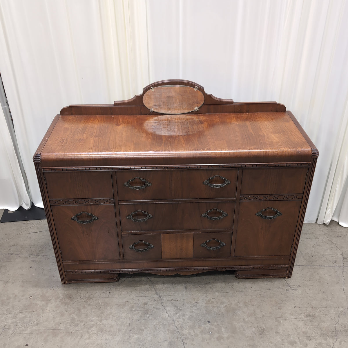 Brown Wood Art Deco Style Dresser with Attached Mirror