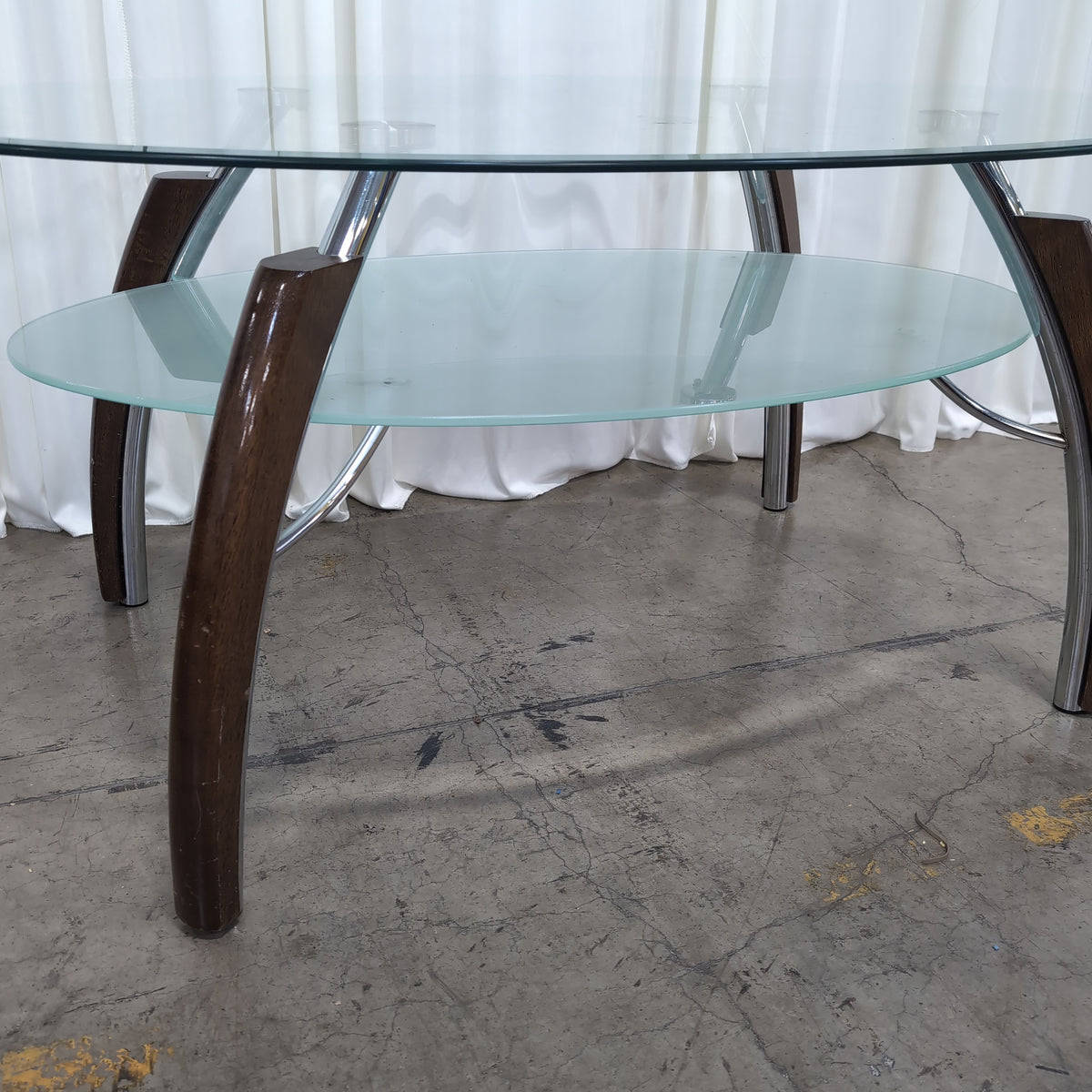 Contemporary Oval Glass Coffee Table with Wood Legs