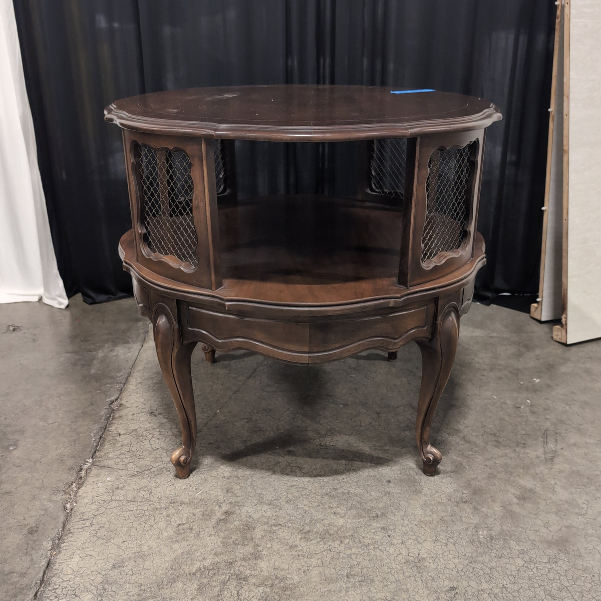 Traditional Style Two-Tiered Round End Table with Metal Mesh Panel