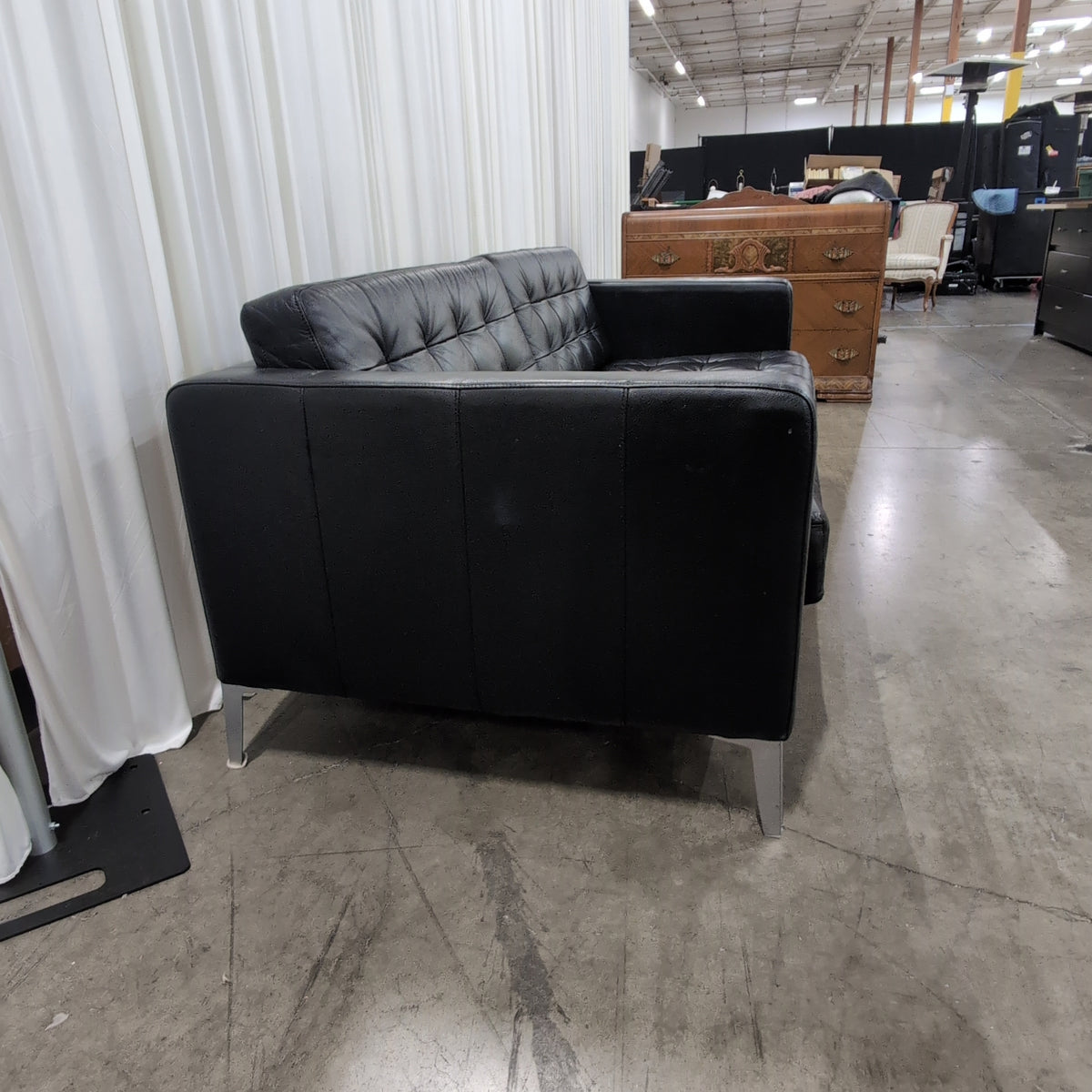 IKEA Tufted Black Leather Couch with Metal Legs