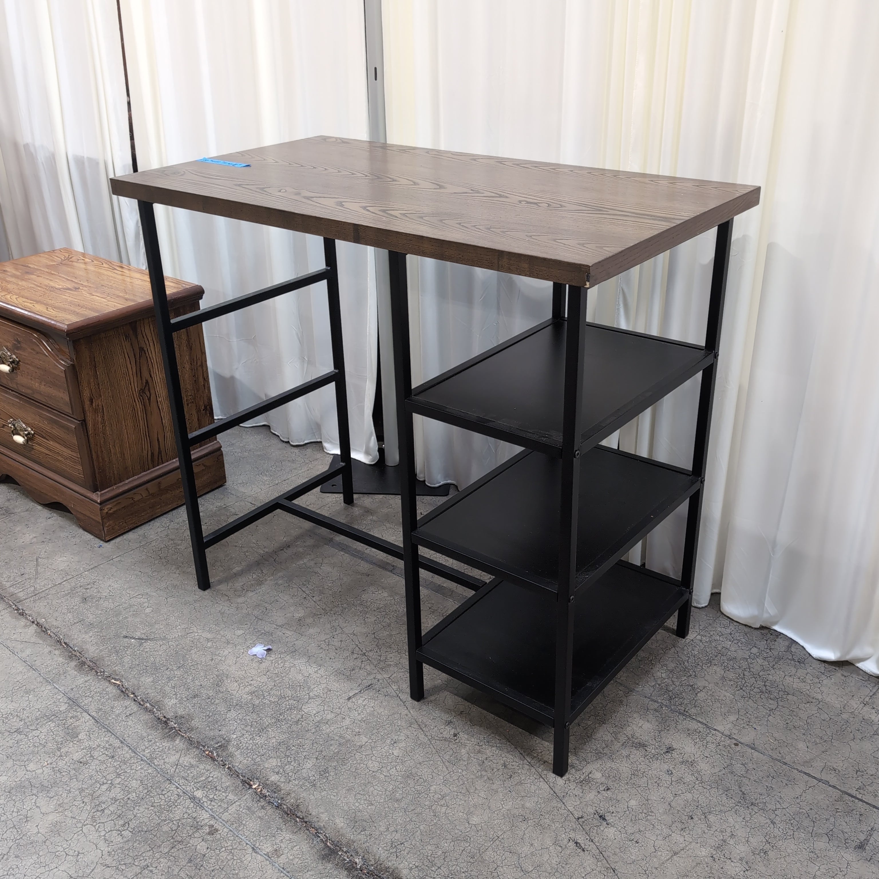 Industrial Style Dark Wood Desk with Side Shelves